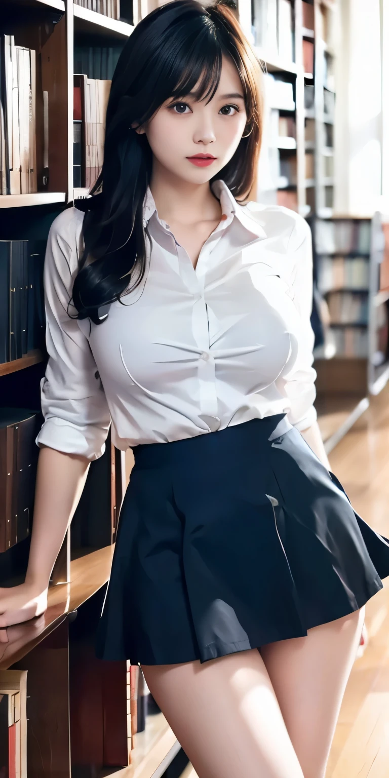 woman, 20-year-old, medium black straight hair、nsfw, (spread pussy:1.3)、big breasts、slender body shape、(red lace panties)、inside the library、white shirt、Short skirt in blue