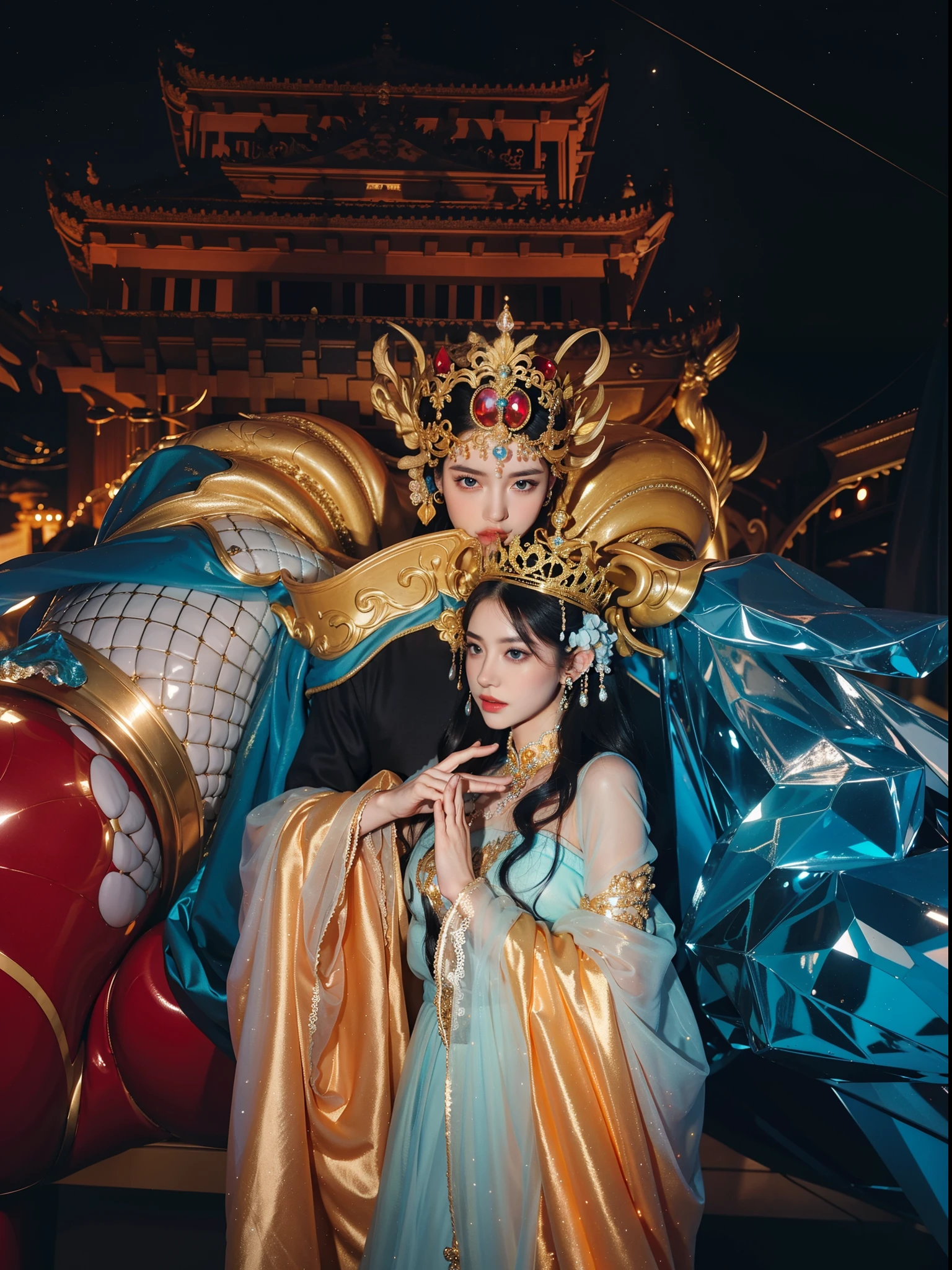 16k(tmasterpiece,k hd,hyper HD,16k)short detailed hair,Vintage train sleeper area,Snow Circle Girl ,Two Golden Dragon Protectors (realisticlying:1.4),Python robe,Purple-pink tiara,Snowflakes fluttering,The background is pure, A high resolution, the detail, RAW photogr, Sharp Re, Nikon D850 Film Stock Photo by Jefferies Lee 4 Kodak Portra 400 Camera F1.6 shots, Rich colors, ultra-realistic vivid textures, Dramatic lighting, Unreal Engine Art Station Trend, cinestir 800,