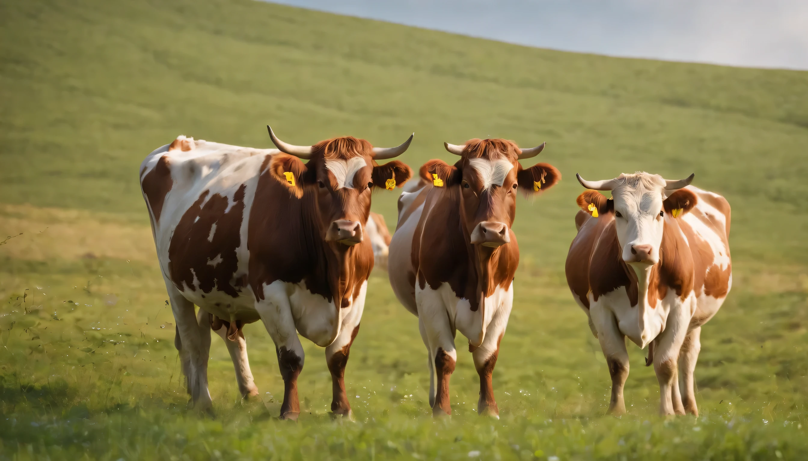 (Highly detailed CG unity 8K wallpaper、masterpiece、highest quality、Super detailed)、(best lighting、best shadow、very delicate and beautiful)、highest quality、8K、Detailed facial depiction、masterpiece、highest quality、clear image quality、
On a hill in the spring countryside、Take photos of cows in the meadow and distant landscapes。