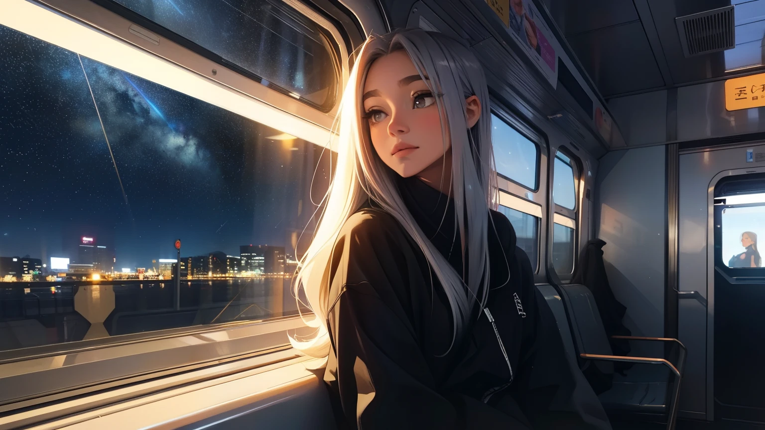 train,  sitting by the window,  pose pensives, Look at the stars, Head glued to the glass, Landscape passing by at high speed, voyage de nuit, beautiful starry sky, Une belle fille avec, UHD Portrait, (High quality) (ultra details) Regarder le spectateur en tenue de ville de style hip-hop; different, colourfull, colored  long hair 🌈