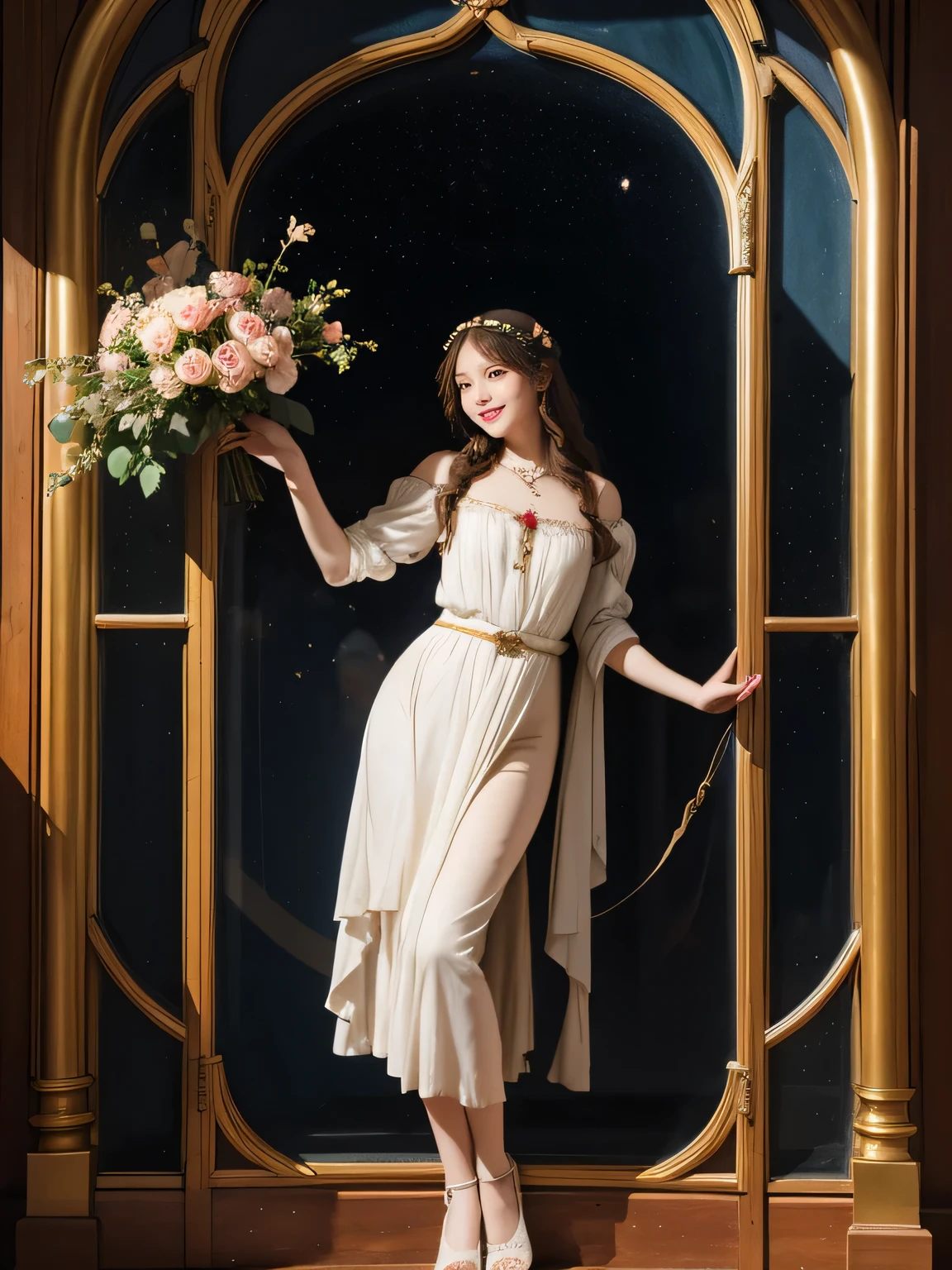 full body portrait or statue、Stained glass、Vigée Leblanc style、math、astronomical machine、astronaut、roses in vase、fruit、Cute trinkets、smile、ancient greek costume、Sandro Botticelli paintings、Clothes that make you stretch