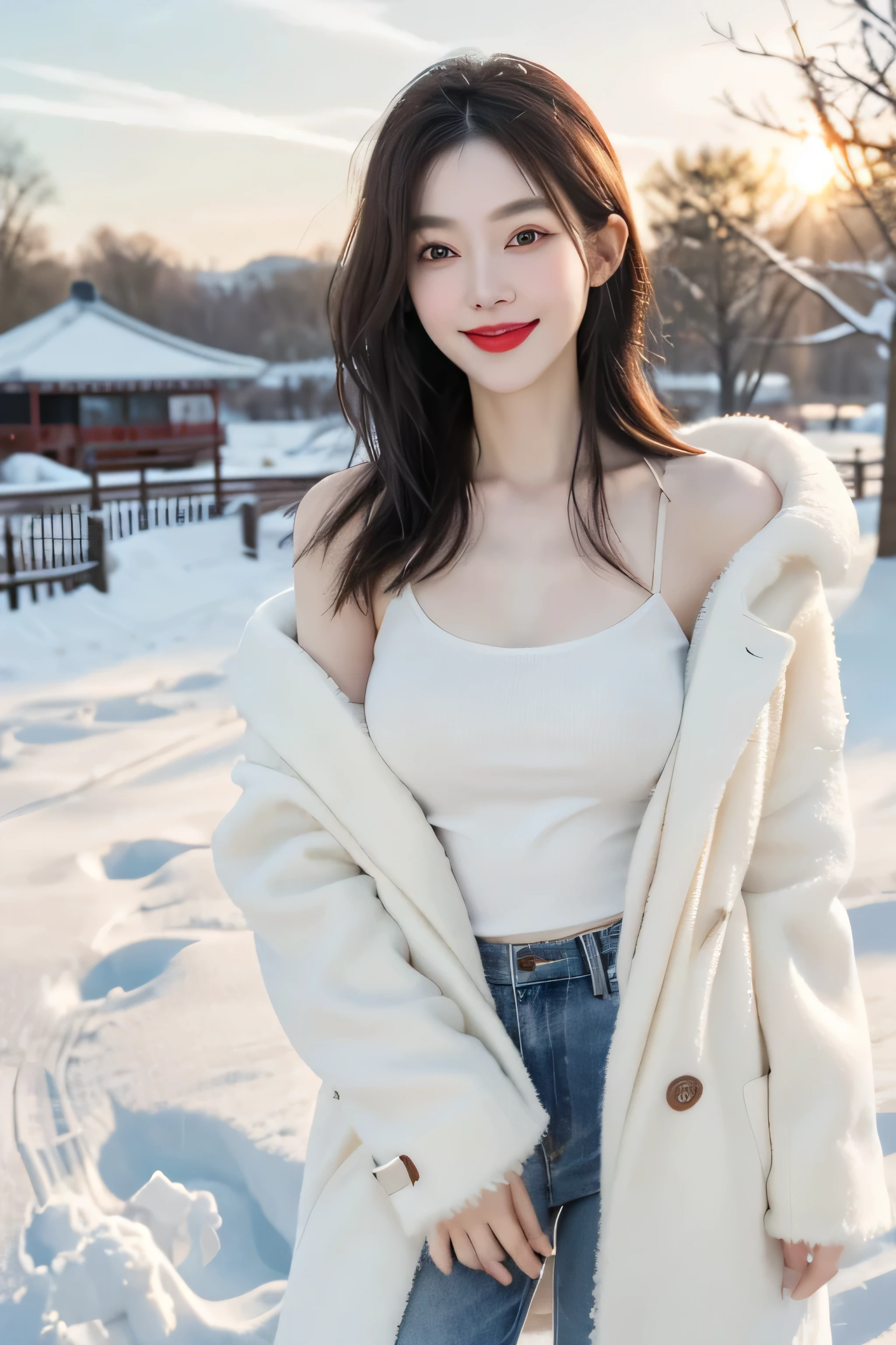 best quality, 4K, 8k, Detailed faces, clear face, a beautiful girl, Korean makeup, red lips,smilingly, Perfect body,Shoulder length straight bob hair,medium breasts,thigh,Slim,thin, Girl wearing large white mink coat, Underneath the coat is a white sweater，jeans, snow景, Winters, tropical garden,，long hair，snow，Sunset
