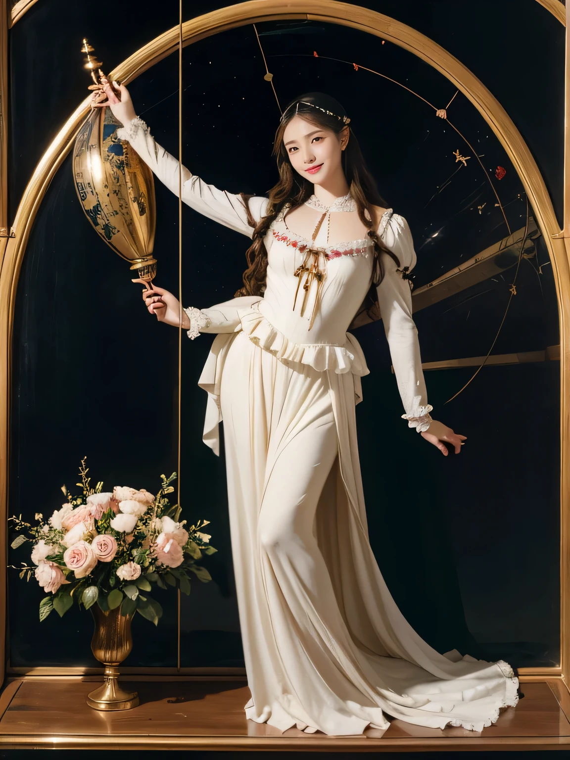 full body portrait or statue、Stained glass、Vigée Leblanc style、math、astronomical machine、astronaut、roses in vase、fruit、Cute trinkets、smile、ancient greek costume、Sandro Botticelli paintings、Clothes that make you stretch