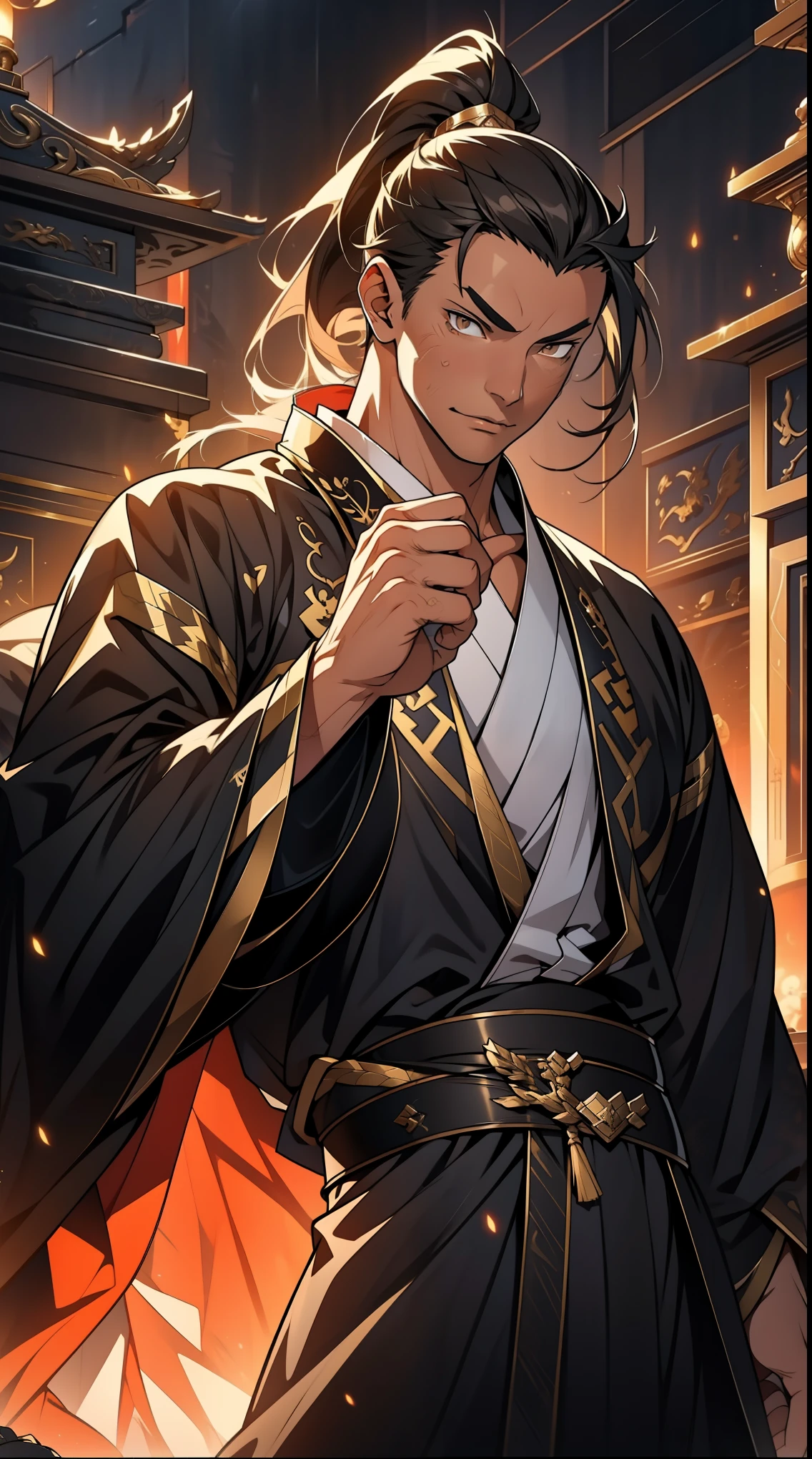 Two dimensions，anime style，one person（male warrior），proportions are correct，facial details，swordsman，high ponytail hairstyle，neck detail，Have an Adam&#39;s apple，Black and gold robe，joke，Black and gold robe，clothing details，Hand over，long sleeves，Game quality，fencing，Ray tracing，Ray tracing，Detailed glow，CG rendering，hair details，Long black and blond hair，Black-gold eyes，Handsome，Handsome，（Youthful feeling），Clothing is complicated，Perfect composition，refine，high quality，higher details，many details，Complex background，a sense of atmosphere，