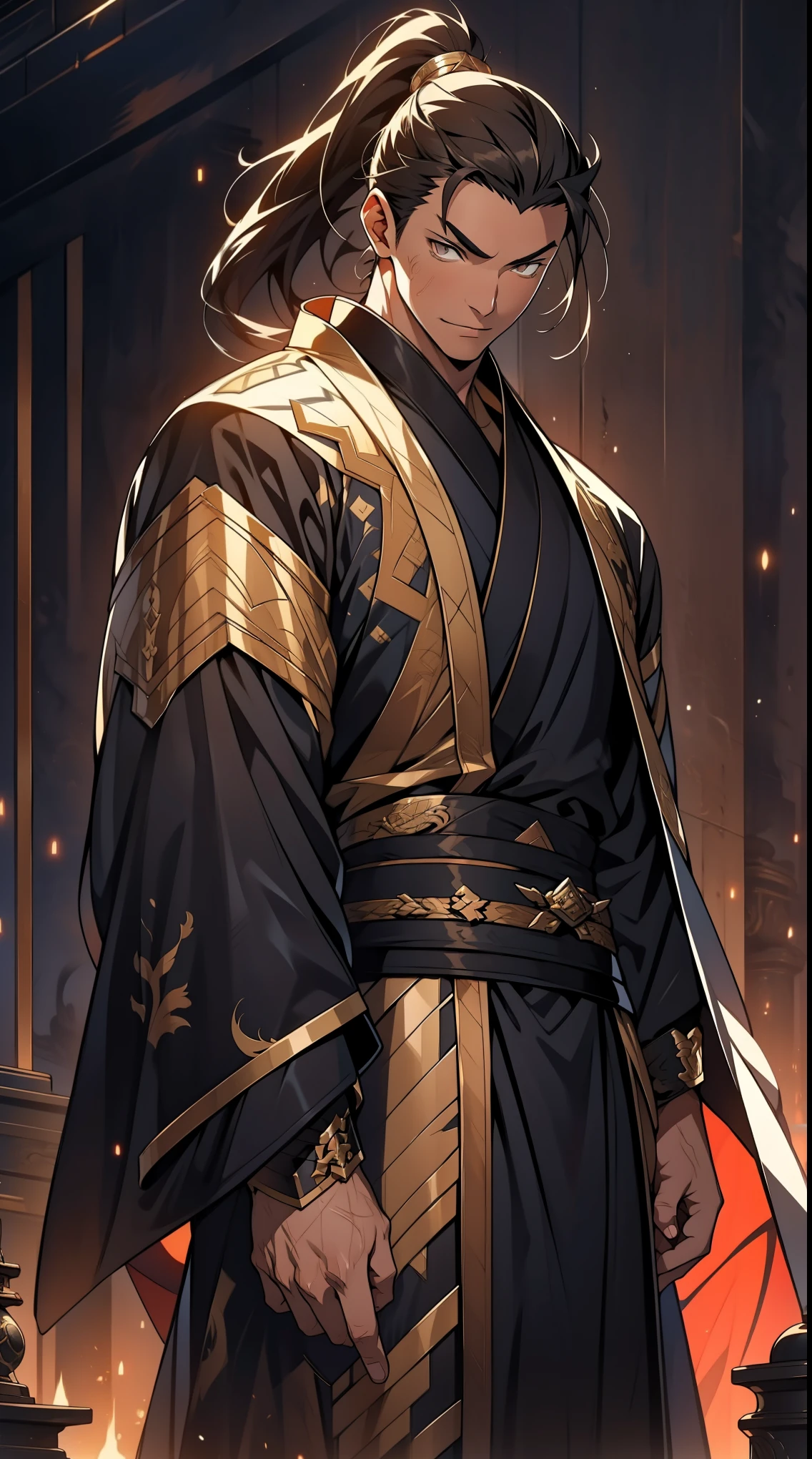Two dimensions，anime style，one person（male warrior），proportions are correct，facial details，swordsman，high ponytail hairstyle，neck detail，Have an Adam&#39;s apple，Black and gold robe，joke，Black and gold robe，clothing details，Hand over，long sleeves，Game quality，fencing，Ray tracing，Ray tracing，Detailed glow，CG rendering，hair details，Long black and blond hair，Black-gold eyes，Handsome，Handsome，（Youthful feeling），Clothing is complicated，Perfect composition，refine，high quality，higher details，many details，Complex background，a sense of atmosphere，
