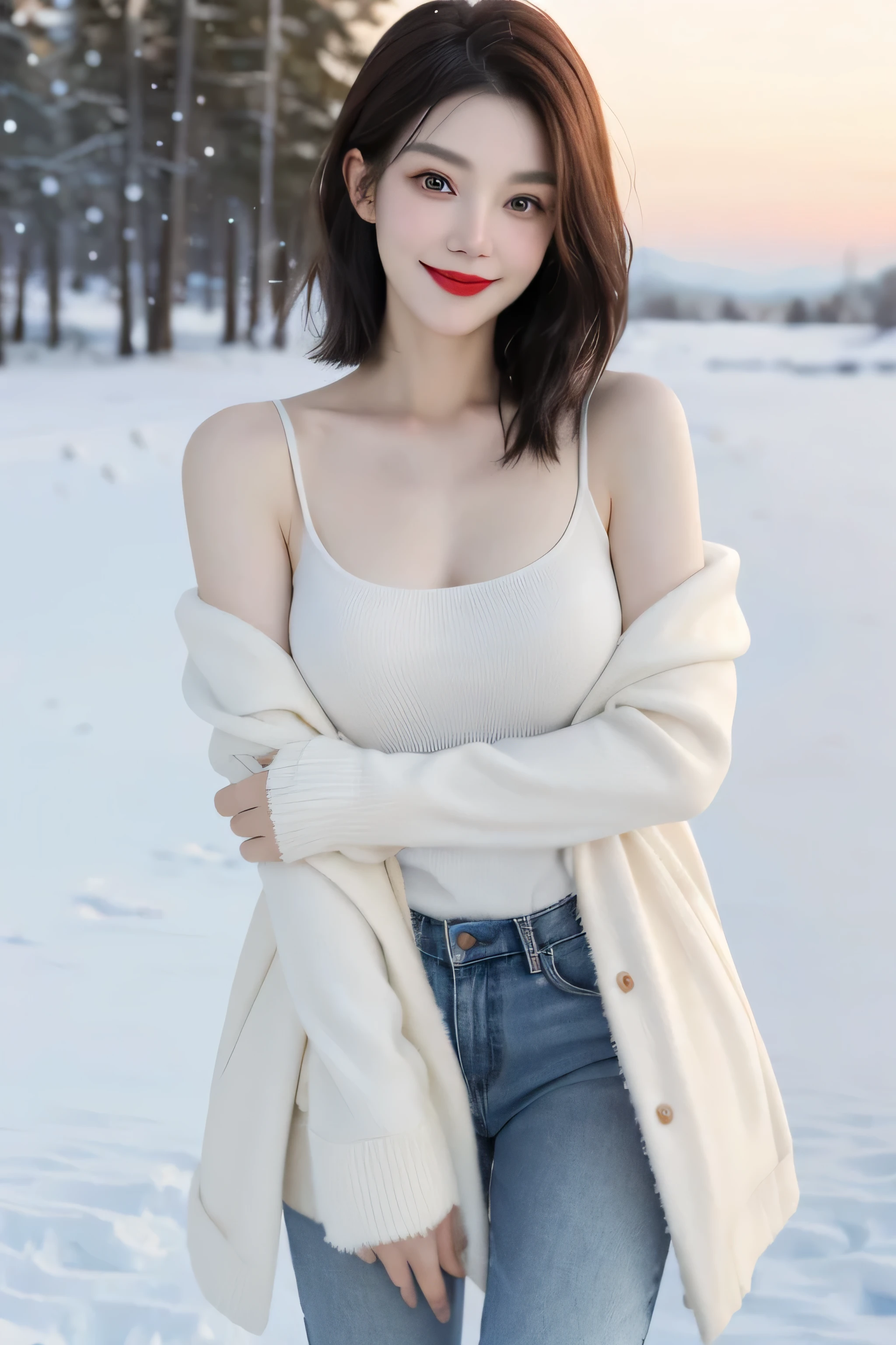 best quality, 4K, 8k, Detailed faces, clear face, a beautiful girl, Korean makeup, red lips,smilingly, Perfect body,Shoulder length straight bob hair,medium breasts,thigh,Slim,thin, Girl wearing large white mink coat, Underneath the coat is a white sweater，jeans, snow景, Winters, tropical garden,，long hair，snow，Sunset