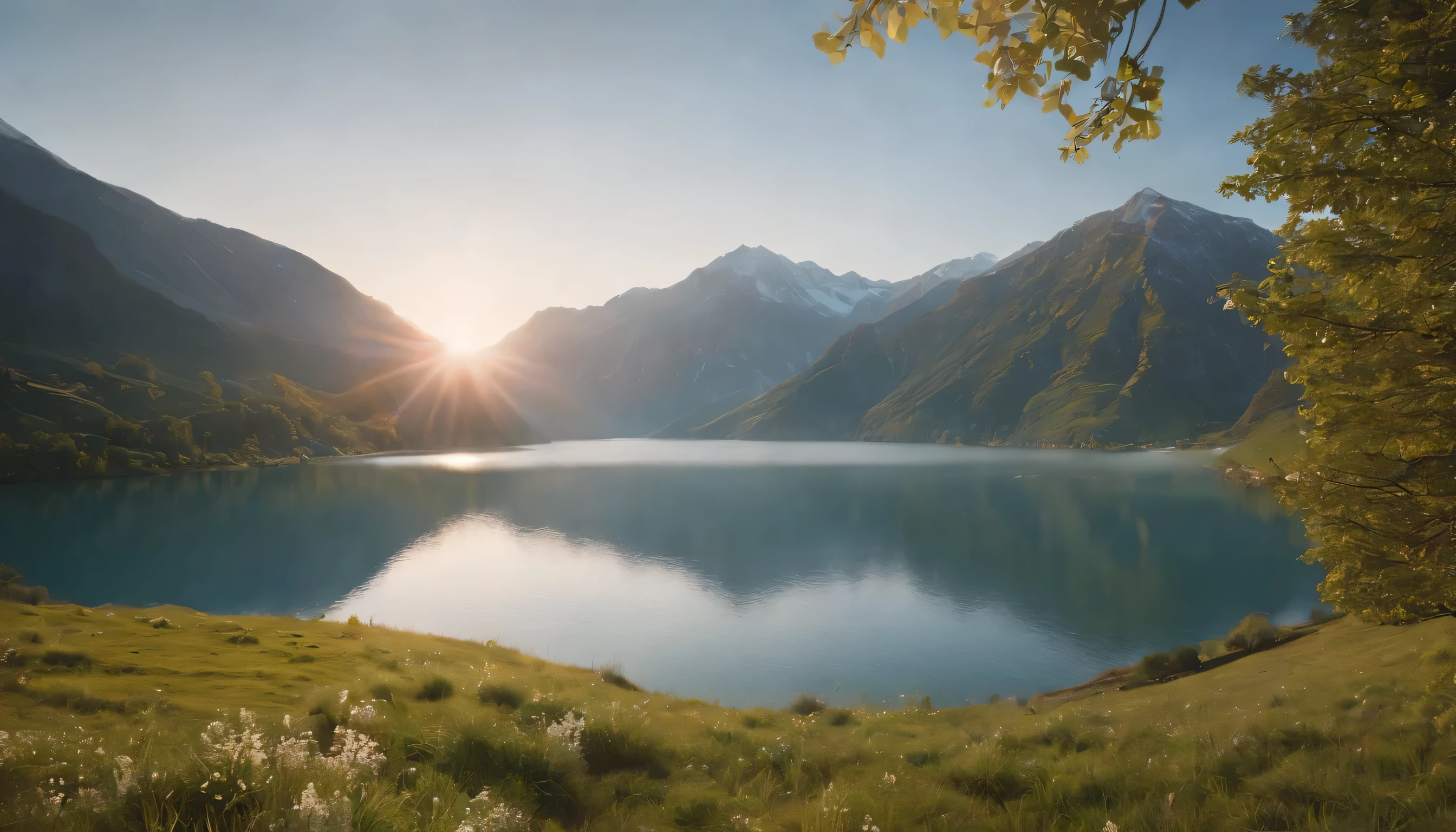 (Highly detailed CG unity 8K wallpaper、masterpiece、highest quality、Super detailed)、(best lighting、best shadow、very delicate and beautiful)、highest quality、8K、Detailed facial depiction、masterpiece、highest quality、clear image quality、
at dusk in spring、Mountain々Take photos of the sunset and its reflection on the lake。