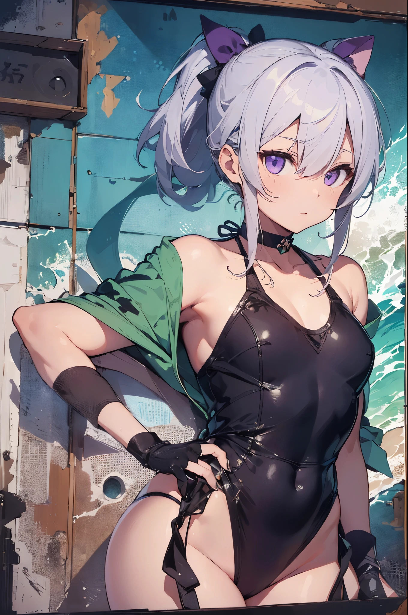 video angle, Depth of bounds written, (looking at the viewer), (right foreground: 1), (standing photo: 1),
(playing the guitar: 1.3),
Cat-eared girl, (alone),silver hair,(white skin:1), (Curvaceous:1.2), (wide hips:1.1), Cat-eared girl,
(Beautiful coast background), (coast background: 1.4), (coast background: 1.4),
(green clothes), (bare shoulders, Green Micro Bikini), (T-back panties: 1.2), (Glove armor: 1.2), sharp nails, Detailed corners, choker, thigh boots,
(ponytail, hair between eyes), (silver hairの), (purple eyes), (flat chest: 1.2),
Expressionless, stunned, sleepy,
Seaweed, Seaweed, Seaweed, Seaweed, Seaweed, Seaweed, Seaweed, Seaweed
