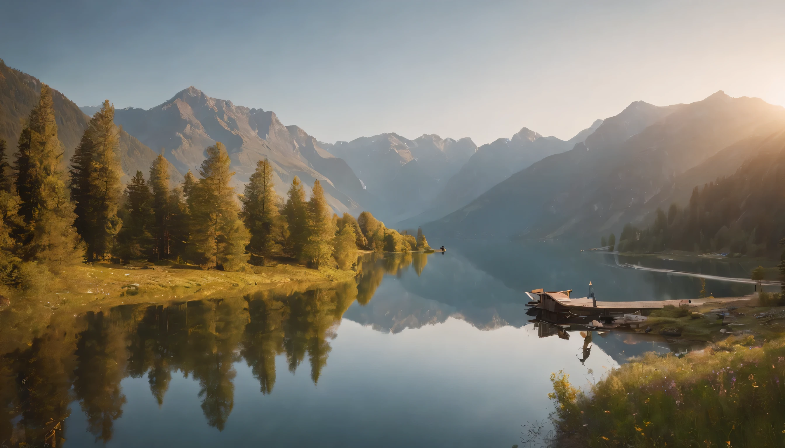 (Highly detailed CG unity 8K wallpaper、masterpiece、highest quality、Super detailed)、(best lighting、best shadow、very delicate and beautiful)、highest quality、8K、Detailed facial depiction、masterpiece、highest quality、clear image quality、
at dusk in spring、Mountain々Take photos of the sunset and its reflection on the lake。