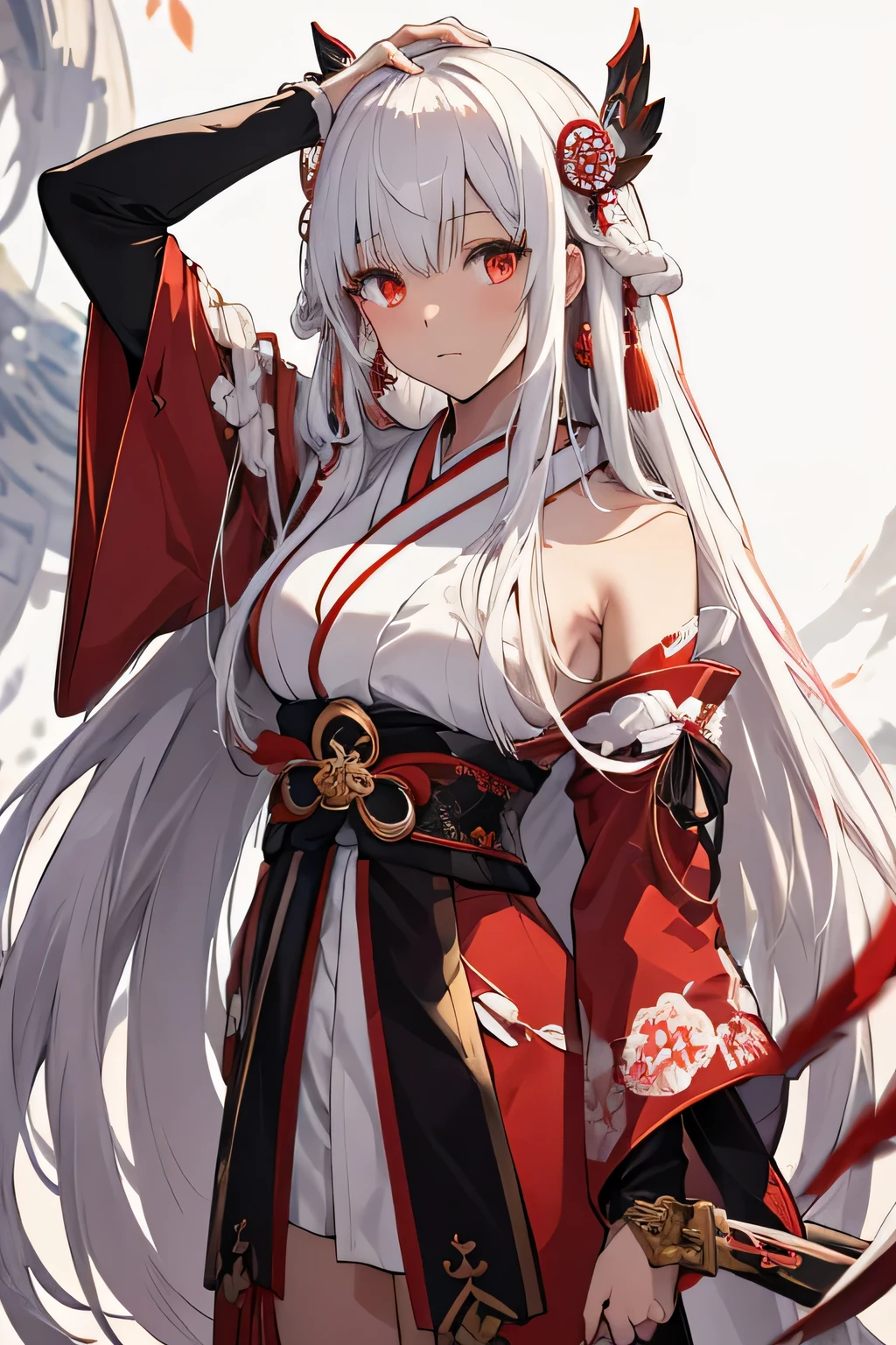 (Best quality, masterpiece) Highest Detailed, fate style, white red sword, black skin woman, white long silky hair, japanese hair ornaments, japanes traditional outfit
