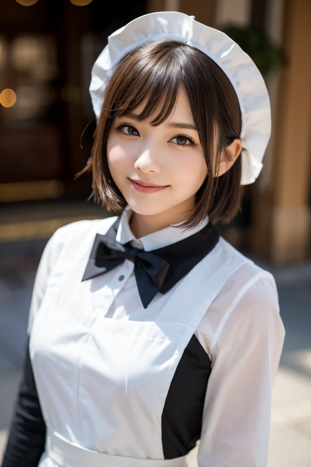 (8K, Raw photo:1.2), Detailed face and eyes,Best Quality, 超A high resolution, Highly detailed ,intricate detailes ,masutepiece ,Cute Girl , Soft cinematic light, Hyper-detailing,Sharp Focus, High quality, standing, (fold hands in front of body:1.1), (from front:1.3), cowboy shot, (full body:1.1), black long sleeves, white cuffs, white collars, maid black long dress, white apron with frilled collar, maid white headdress, black hair, bob cuts, medium breasts, charming smile