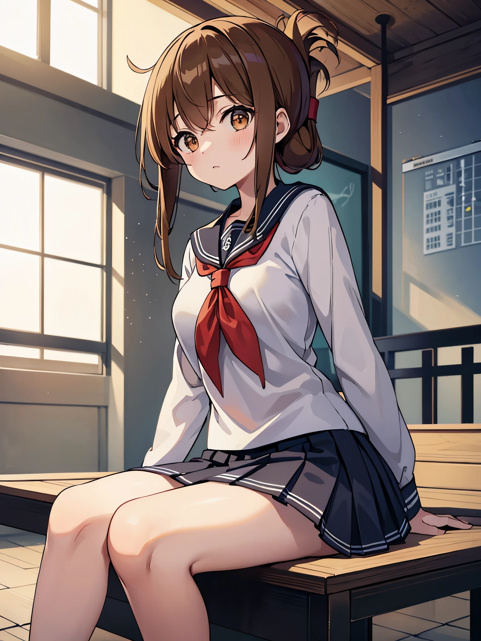 I am sitting on the floor of the school gymnasium and observing classes because I am not feeling well.,(masterpiece, best quality:1.2),illustration,8k,hd,1girl,solo,upper body,(portrait:1.2),brown_hair,folded_ponytail,brown_eyes,serafuku,long_hair,school_uniform,skirt,pleated_skirt,