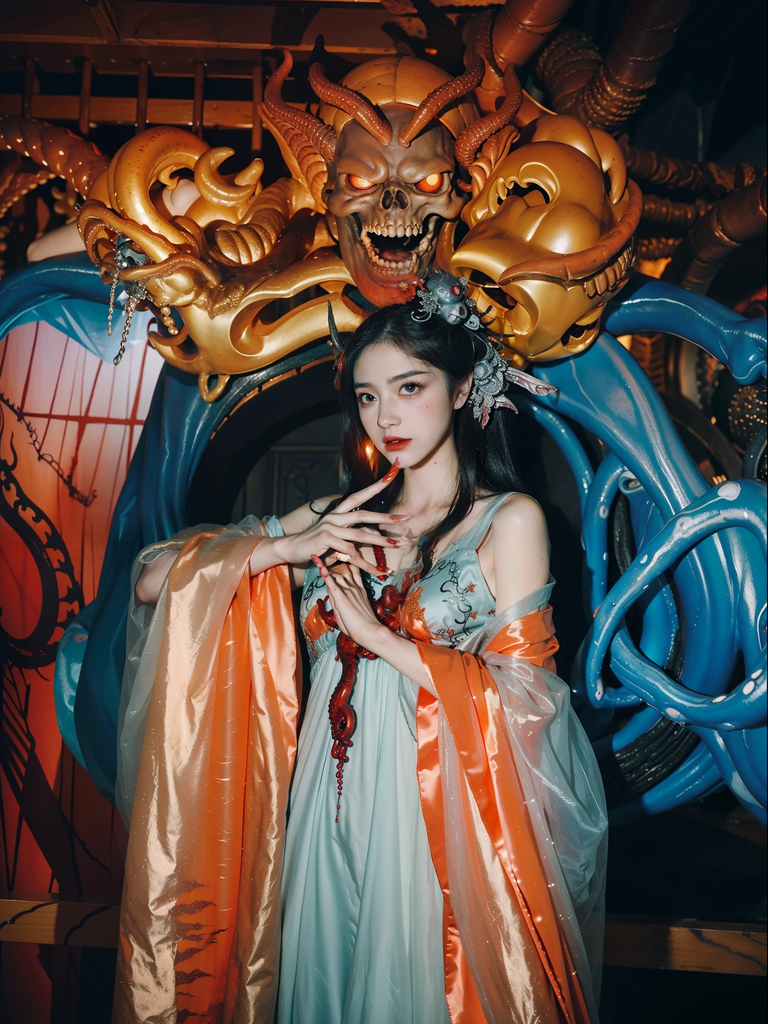 Detailed image quality,Pandora's box, wing, succubus theme,the fallen angel,Excellent,scary,secret terror,tentacle,have eyes,The Uncanny Valley effect,little beast blood moon,Skeleton skeleton,vampire,hell fire,dark queen,Shenlong
