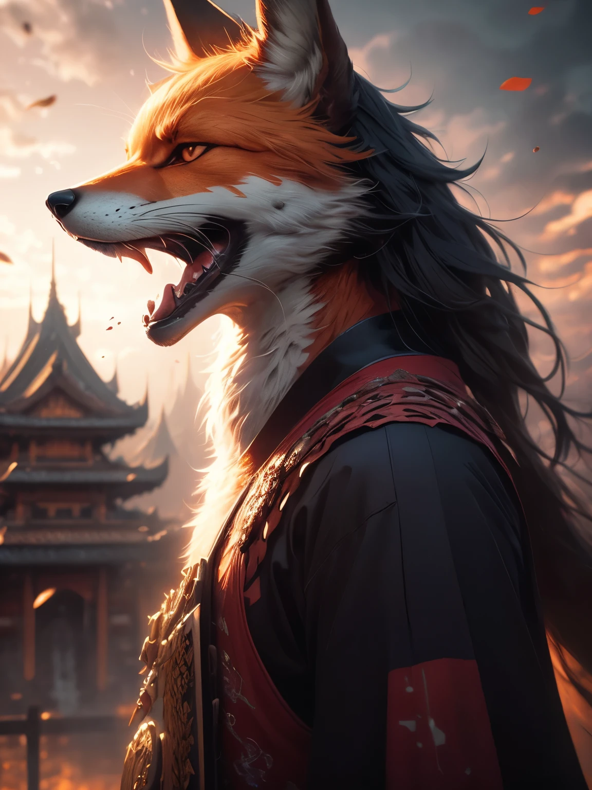 photorealistic, high resolution, 1 fox anthropomorphic, samurai, dynamic pose, background javanese castle, dramatic, chromatic aberration.