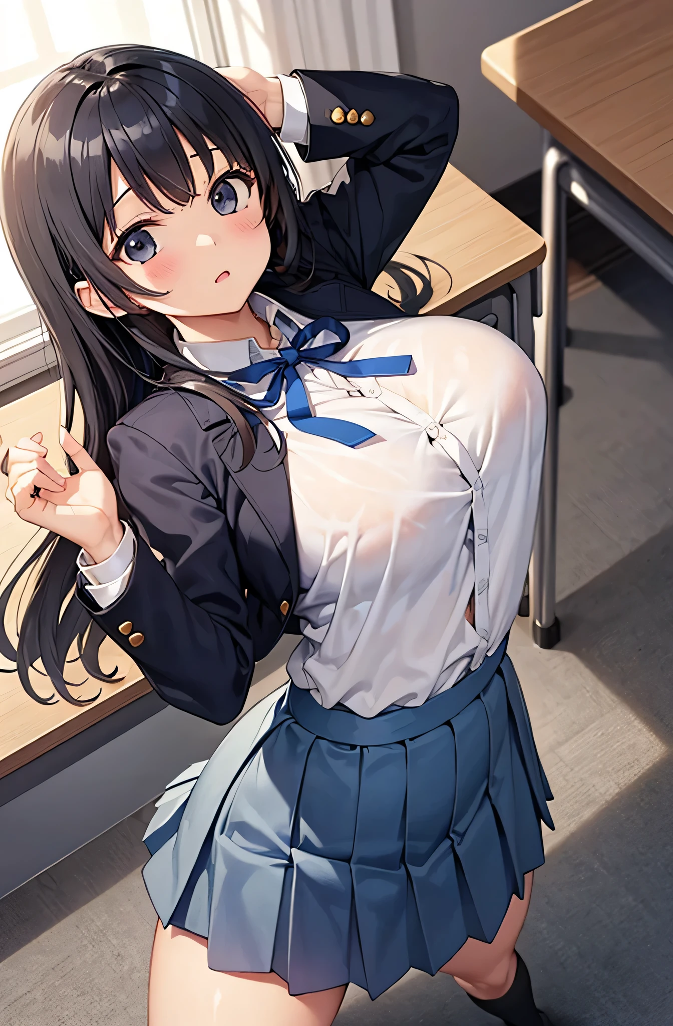 one girl、Honor Students、popular person、beautiful black hair、Hair reaching down to the waist、bangs、black eye、big breasts(C cup)、blazer、3rd year high school student、height: 160cm、Weight 50kg、delicate body、gray skirt、blue ribbon、Skirt length is about 10cm above the knee、looking at the viewer、cute face、cute anime illustration、black socks、Looks quite surprised、sleep on your back、blush、Raise your hands above your head、Classroom Floor