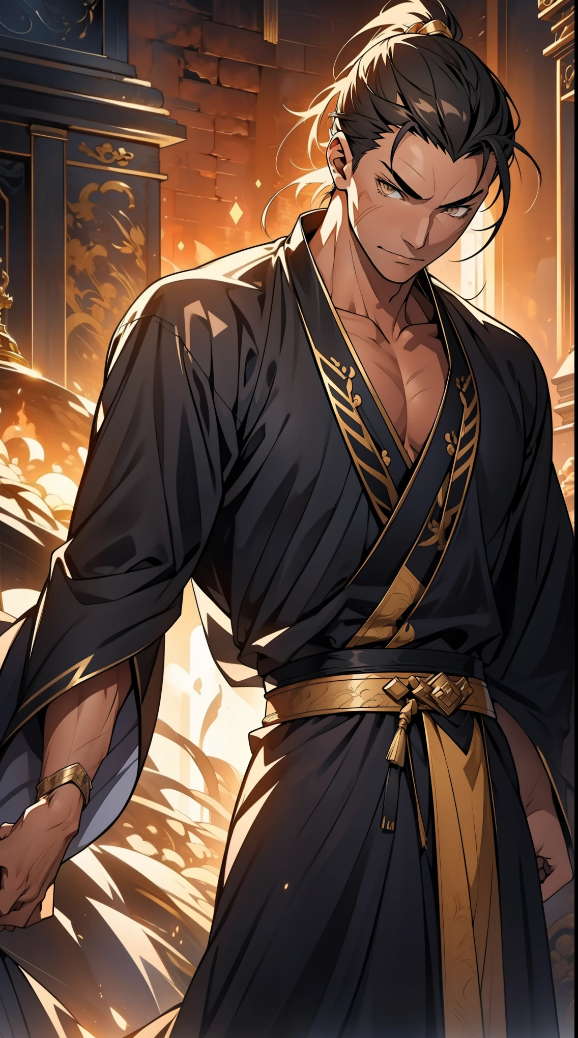 Two dimensions，anime style，one person（male warrior），proportions are correct，facial details，swordsman，high ponytail hairstyle，neck detail，Have an Adam&#39;s apple，Black and gold robe，joke，Black and gold robe，clothing details，Hand over，long sleeves，Game quality，fencing，Ray tracing，Ray tracing，Detailed glow，CG rendering，hair details，Long black and blond hair，Black-gold eyes，Handsome，Handsome，（Youthful feeling），Clothing is complicated，Perfect composition，refine，high quality，higher details，many details，Complex background，a sense of atmosphere，