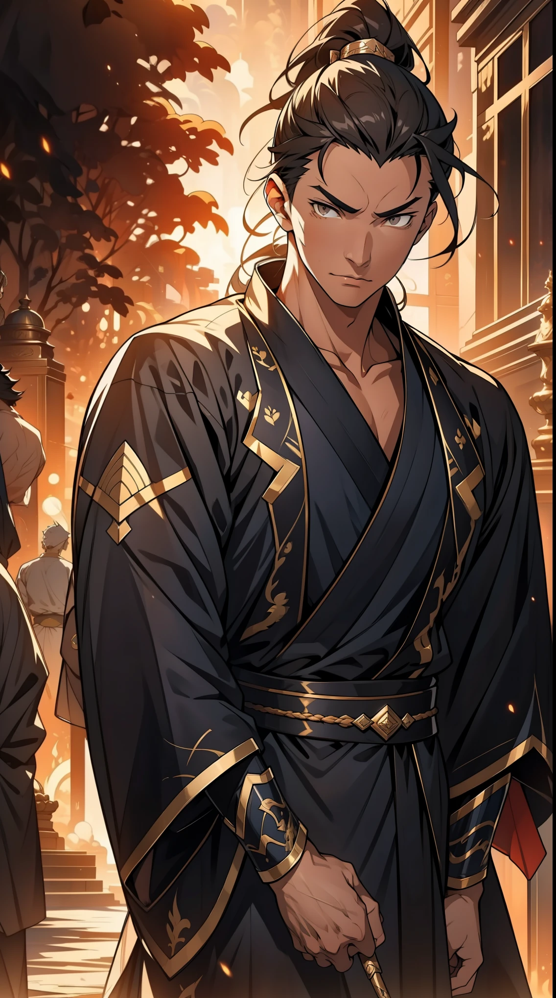 Two dimensions,anime style,one person(male warrior),proportions are correct,facial details,swordsman,high ponytail hairstyle,neck detail,Have an Adam's apple,Black and gold robe,joke,Black and gold robe,clothing details,Hand over,long sleeves,Game quality,fencing,Ray tracing,Ray tracing,Detailed glow,CG rendering,hair details,Long black and blond hair,Black-gold eyes,Handsome,Handsome,(Youthful feeling),Clothing is complicated,Perfect composition,refine,high quality,higher details,many details,Complex background,a sense of atmosphere,