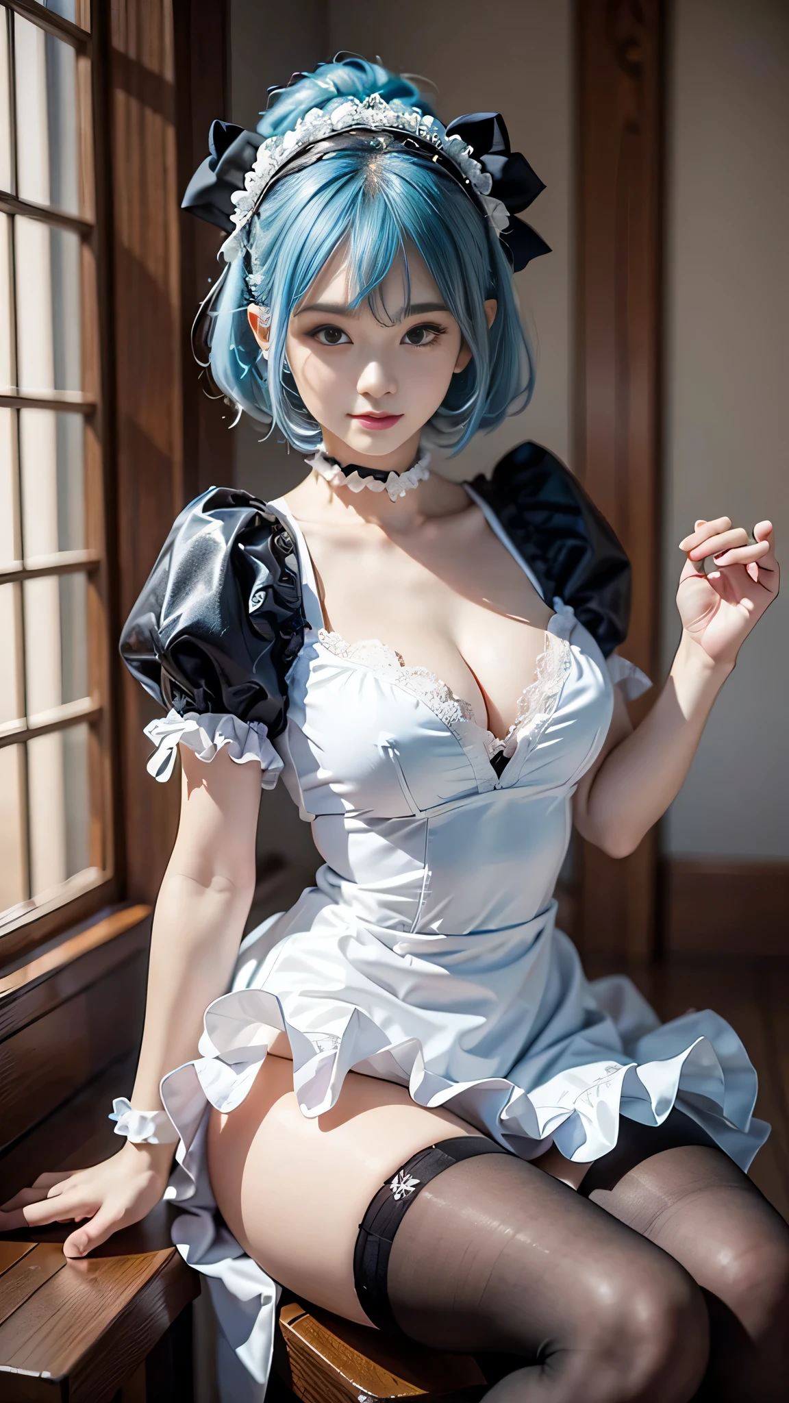 (Close-up:1.4)、(RAW shooting:1.2)、(photorealistic:1.4)、(masterpiece:1.3)、(highest quality:1.4)、solo、7 head and body、(slender and beautiful girl)、cute、(beautiful detailed eyes)、(charming big eyes)、(beautiful double eyelids)、(beautiful and detailed face)、(gentle smile:1.2)、(big breasts:1.2)、(cleavage)、(erect nipples:1.2)、(full body shot)、8K、(muste piece:1.2)、(pale blue hair、short bob:1.3)、(Bangs Patsun)、(headdress、white blouse、black ribbon、ruffle skirt、puff sleeves、collar、choker、white apron with fine frills:1.3)、white knee high socks、black maid costume、(Sexy model pose with chest sticking out:1.3)、cowboy shot、view audience、(small butt)、(beautiful thighs)、cute系、(perfect anatomy:1.2)、ancient city、