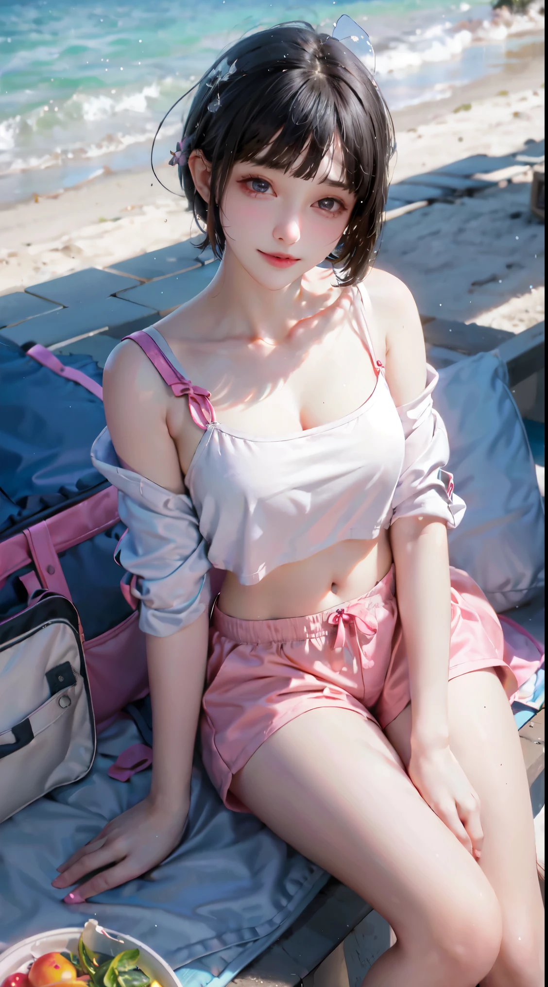 masterpiece, best quality, 1girl, beach, sitting on a beach towel, short hair, t-shirt, shorts, cap, blush, summer, soda can, bag