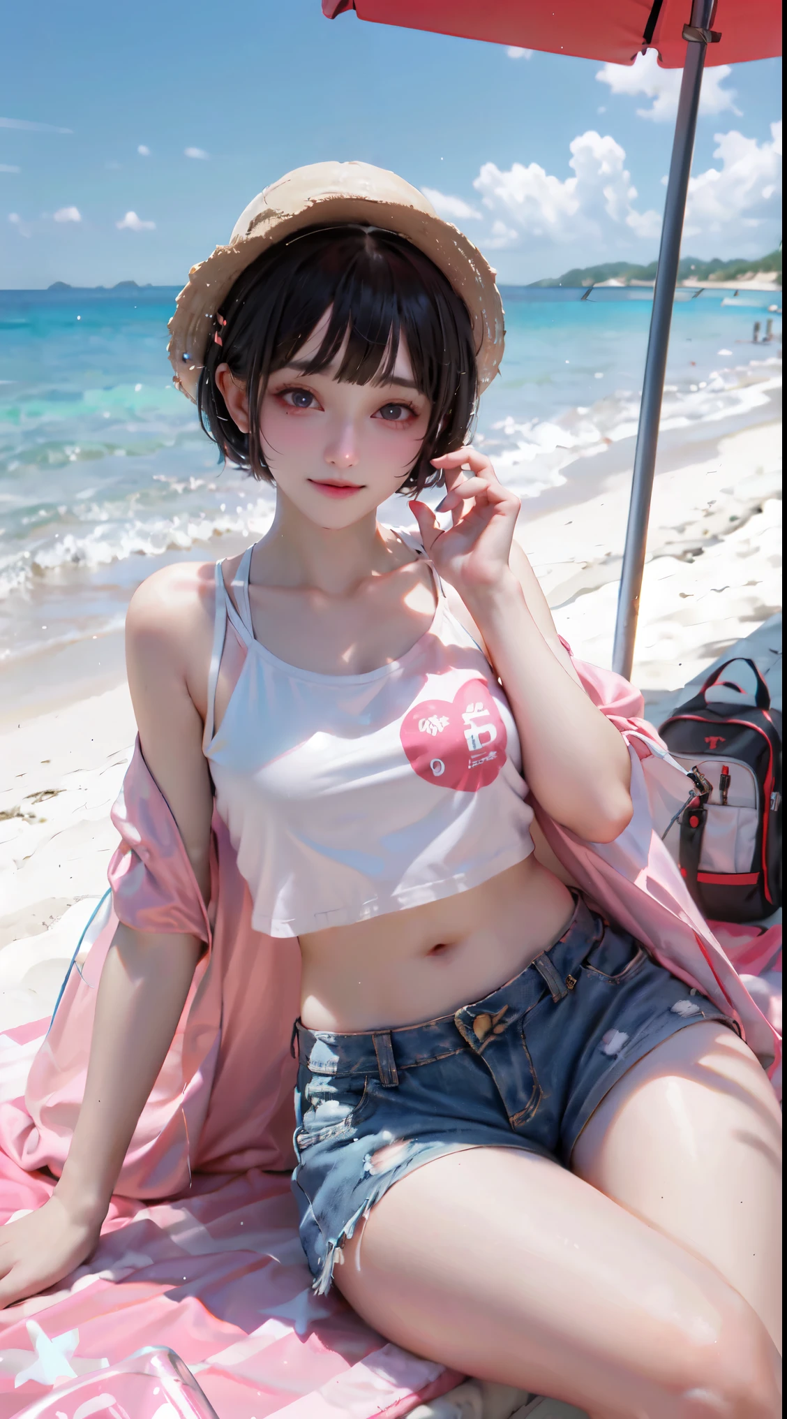 masterpiece, best quality, 1girl, beach, sitting on a beach towel, short hair, t-shirt, shorts, cap, blush, summer, soda can, bag