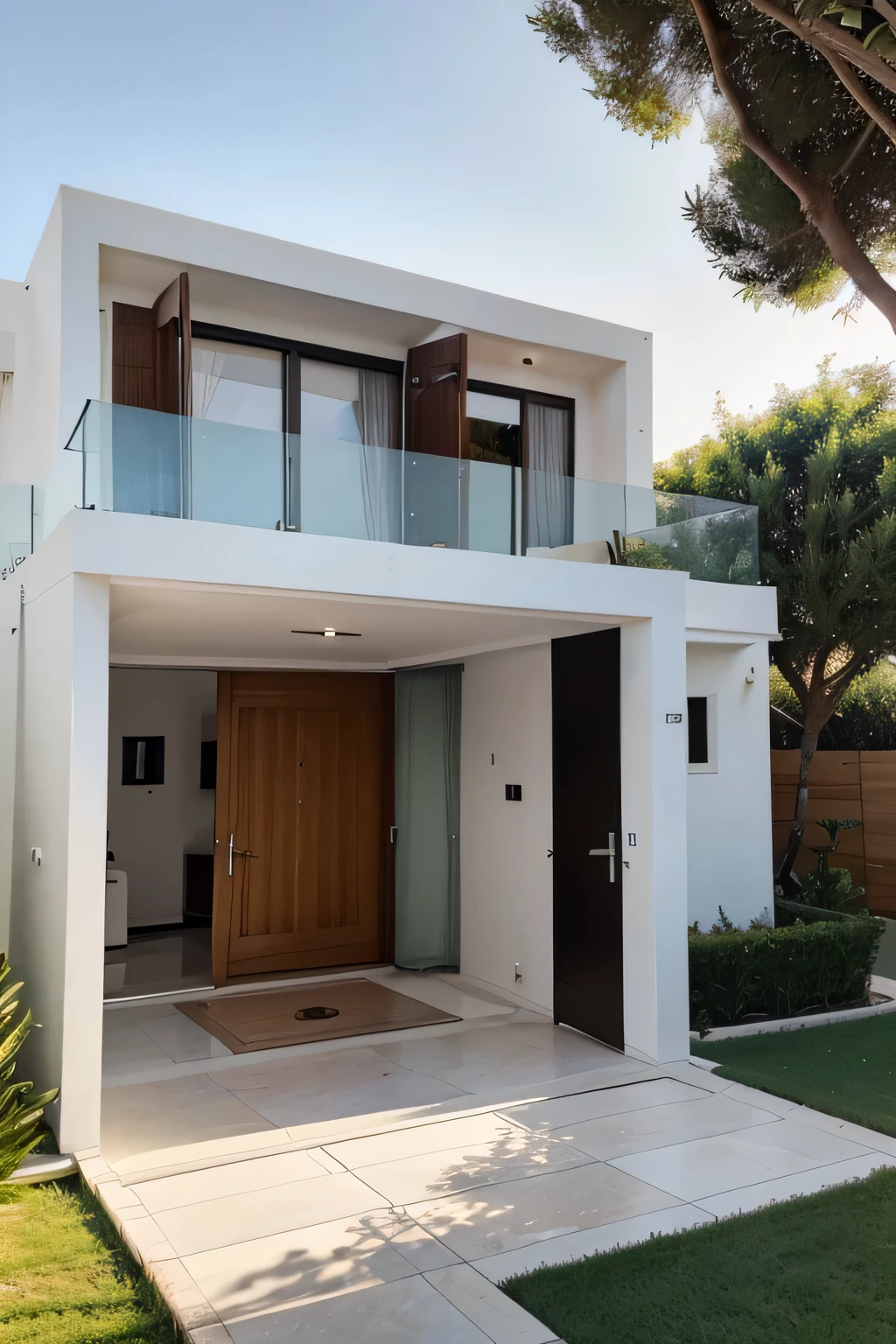 Generates a modern house in the Mediterranean with a for sale sign at the entrance and people entering.. 