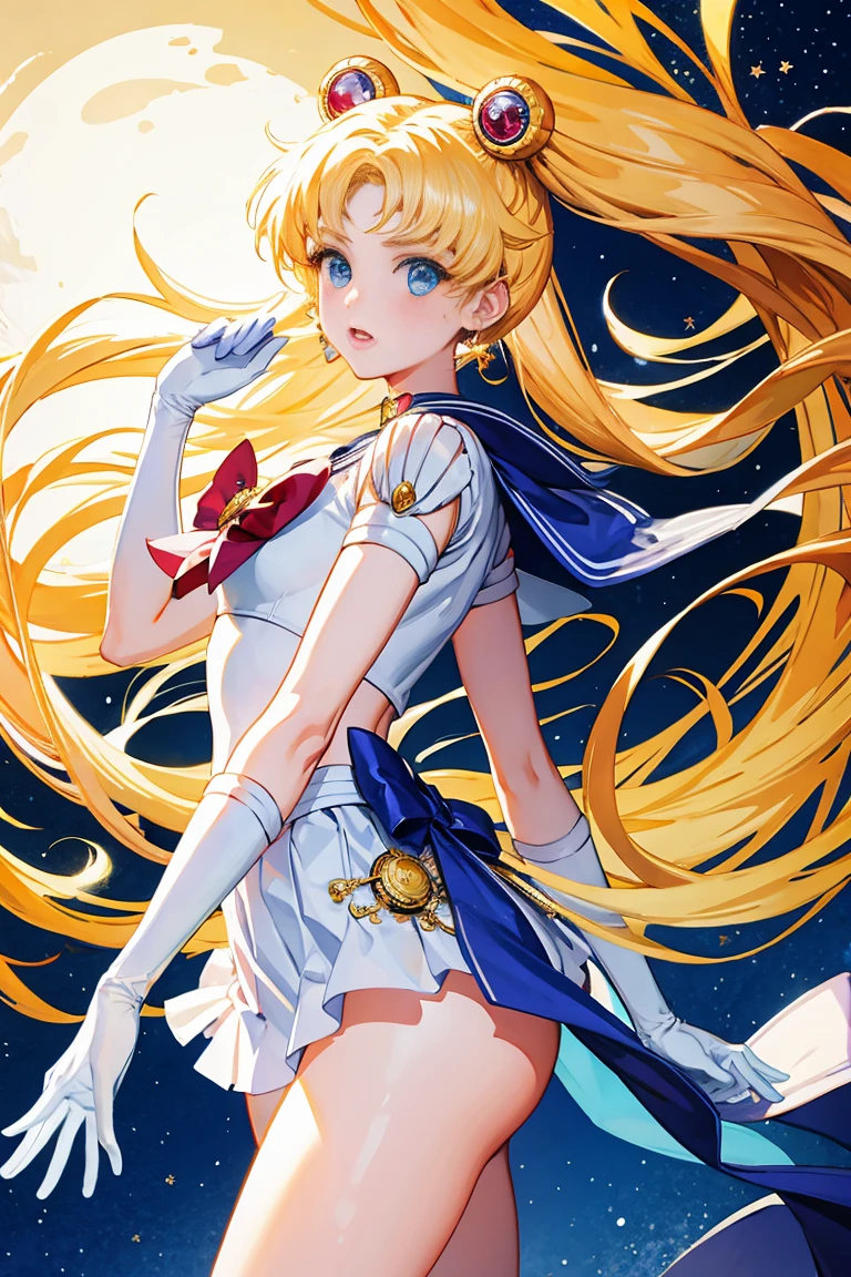 (masterpiece, best quality:1.2), Sailor Moon,1 girl, alone,blonde hair,long hair,jewelry,whole body,double tail,White gloves