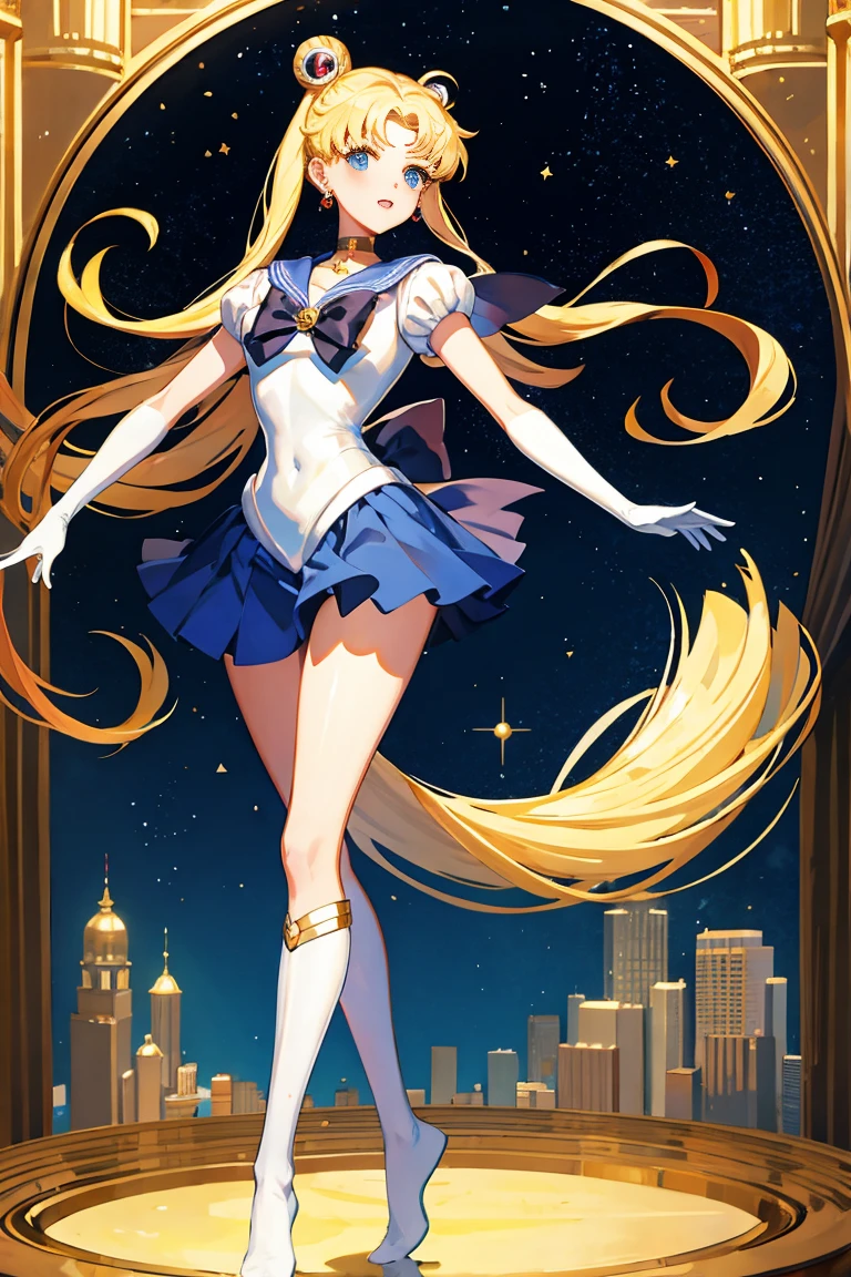 (masterpiece, best quality:1.2), Sailor Moon,1 girl, alone,blonde hair,long hair,jewelry,whole body,double tail,White gloves