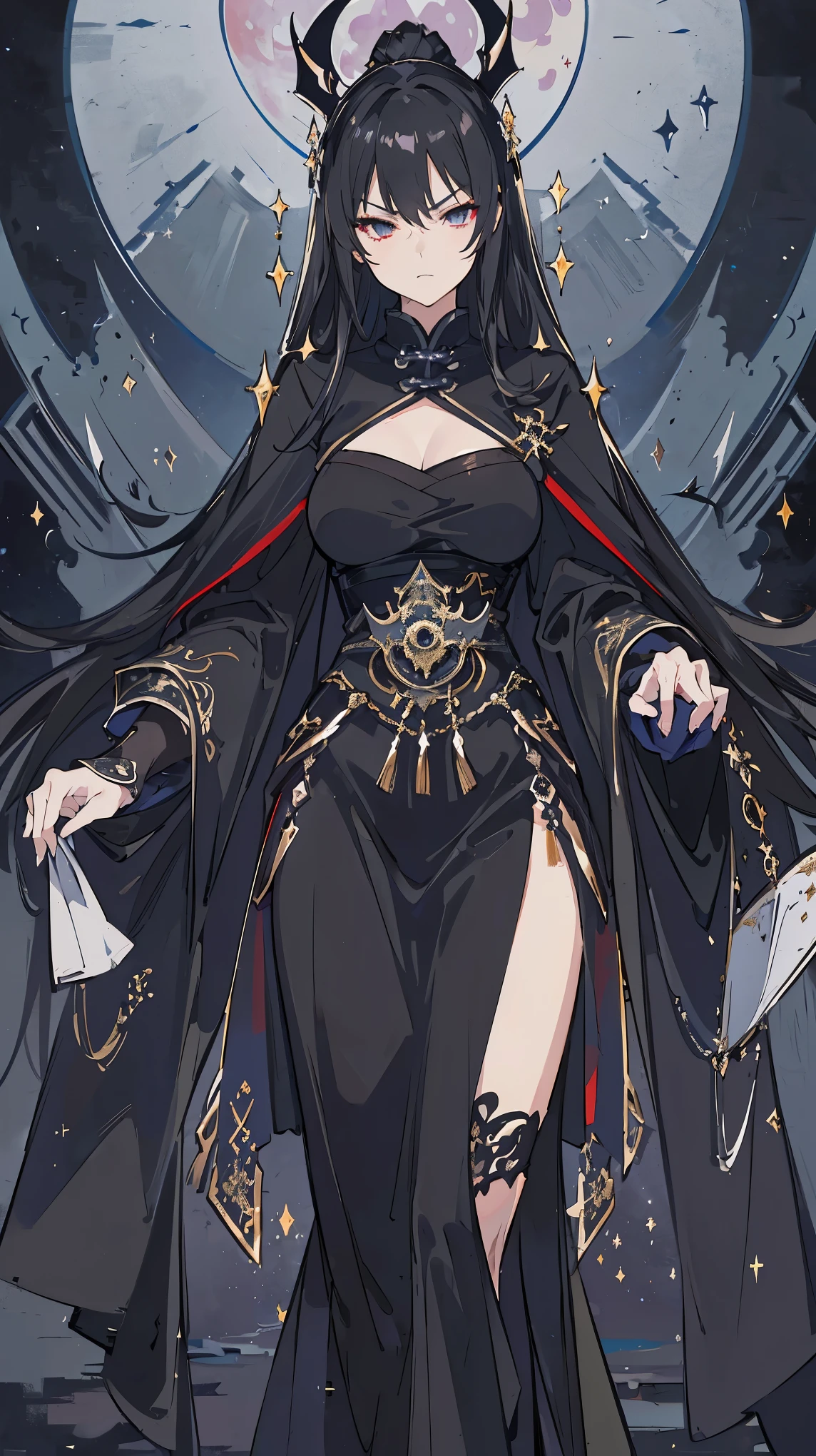 (extremely detailed 8K wallpaper),(ultra-detailed),(best quality),(masterpiece),(highly detailed),(cinematic lighting),(Original),Cold ligh,moody,(Chinese elaborate-style painting),1girl,solo,black hair,black robe,plain clothing and decoration,(((Eyes sparkling in the moonlight))),((villain image)),(((arrogant expression)))