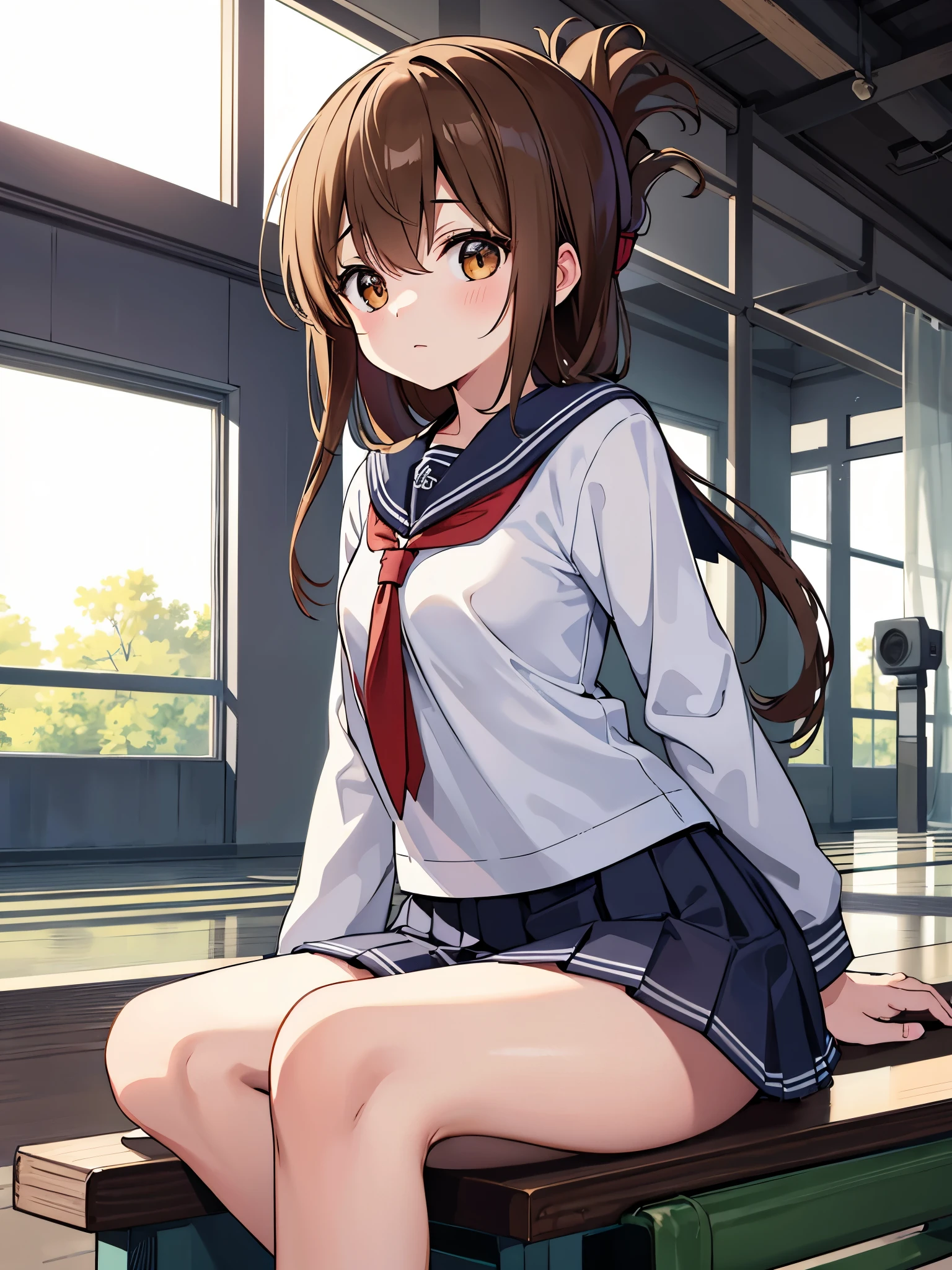 I am sitting on the floor of the school gymnasium and observing classes because I am not feeling well.,(masterpiece, best quality:1.2),illustration,8k,hd,1girl,solo,upper body,(portrait:1.2),brown_hair,folded_ponytail,brown_eyes,serafuku,long_hair,school_uniform,skirt,pleated_skirt,