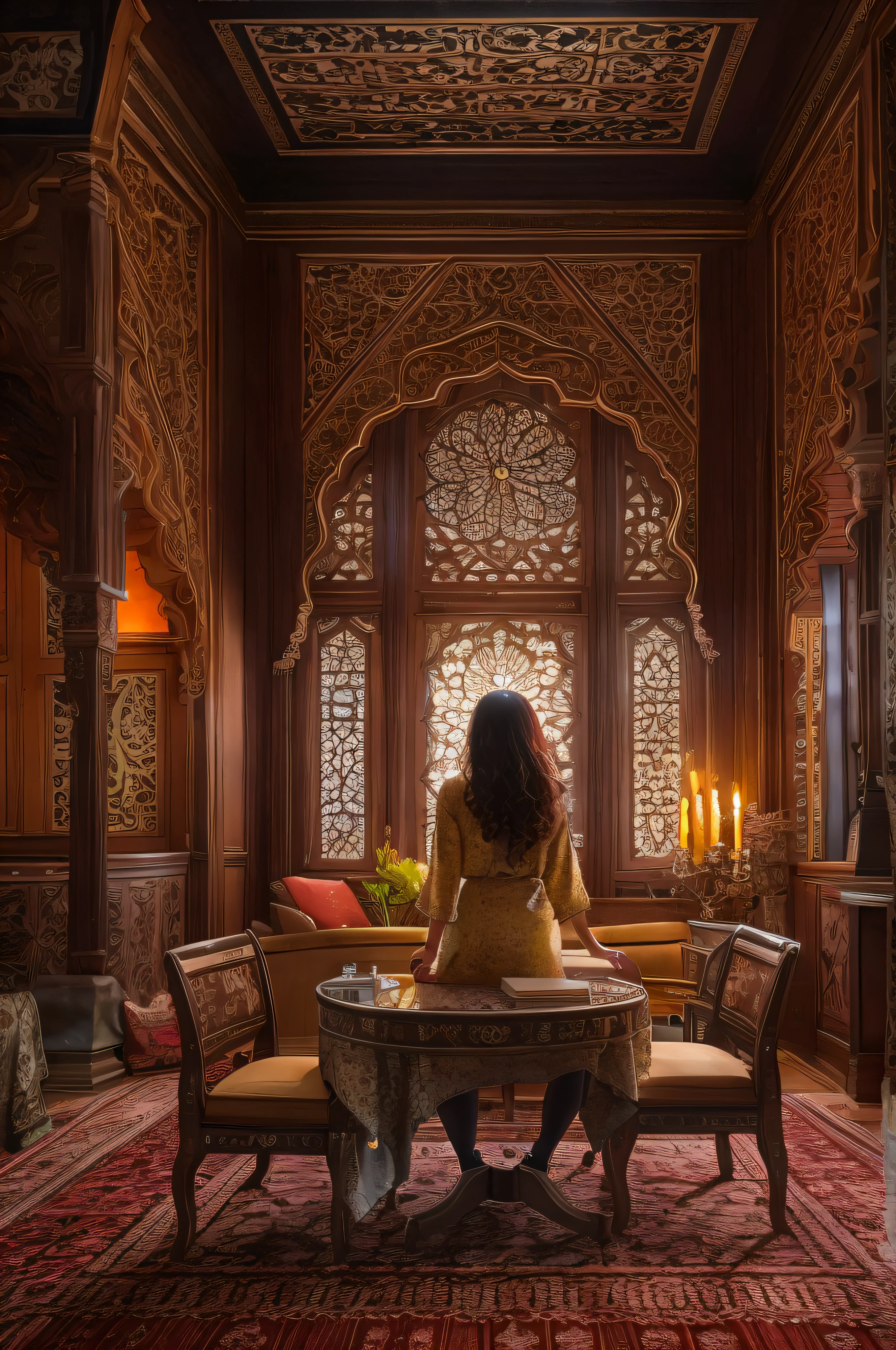Hit a window in light rain, A dimly lit room appeared, Bask in the soft glow of countless candles. Their twinkling lights dance on ornate Moroccan tapestries and intricately carved wooden furniture, Create an old-world elegance and welcoming atmosphere.In the center of this room sat a woman,Her curls seem to capture the essence of the Saharan dunes。; wild, obstinate and unruly, and charming. Each curly captures the dim light in your arms, Show deep maroon as a sun-kissed russet.Her eyes, Lined with classic Cole, Has a fierce intelligence that goes well with her beauty, Reveal the depth and determination that can only be found in those who tenaciously pursue passion. As a lawyer, She saw the intricacies of justice, A dance of right and wrong, In this room, She found solace and strength.papers, Write in legal language, Unfold in front of her, But for now, She got lost