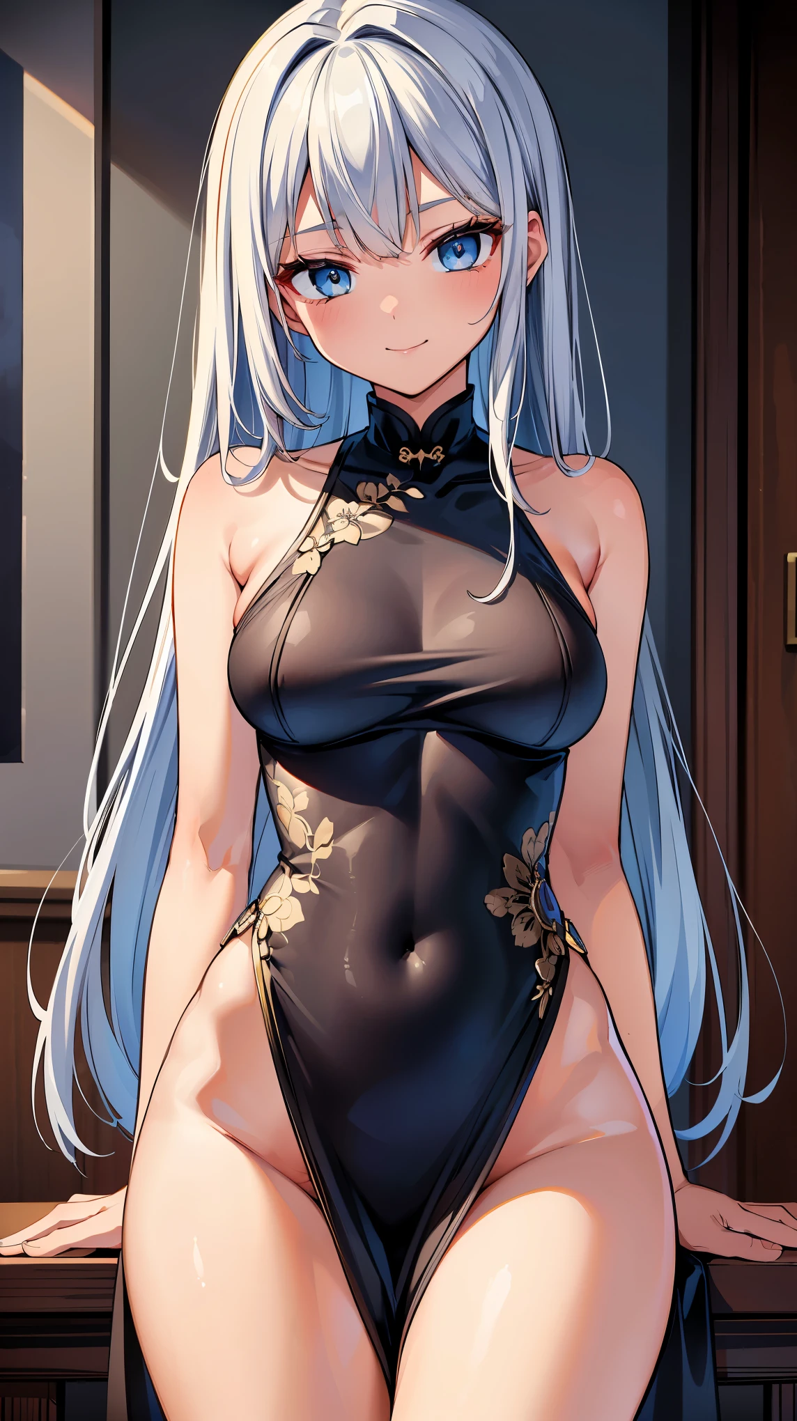 NSFW, (8K, RAW photo, highest quality, masterpiece:1.2), High-definition RAW color photo, Professional photography, cinematic light, alone, (((young woman, gal))), (Sharp features), (small face), (high detail skin:1.2), clavicle, cute face, beautiful appearance, long eyelashes, (rainbow hair, blue eyes), beautiful breasts, (slim body shape:1.4), Very detailed face and skin texture, fine eyes, double eyelid, look sideways, (cheeks of whole face)、(shy smile)、(big breasts)、China dress, colorful dress, delicate design, Use of see-through material, A dress that shows your body line, Delicate pattern finished with master craftsmanship, Sexy slit, attractive thighs, open thighs