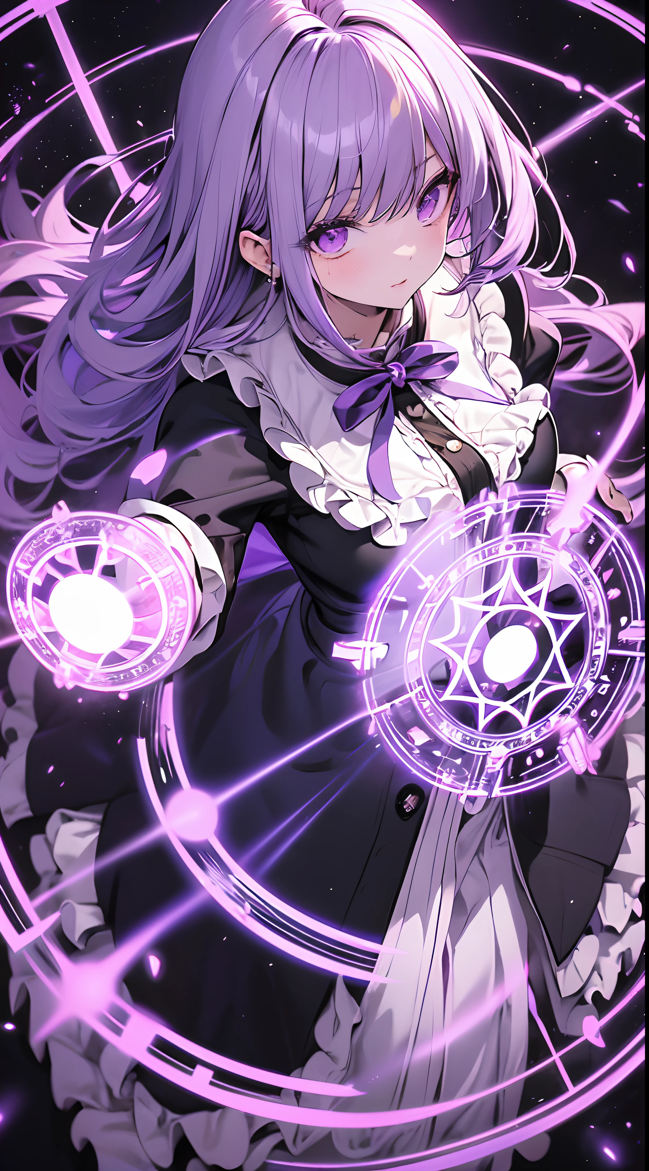 absurd,on the table, best quality, Extremely detailed, 1 absolutely beautiful girl,Purple straight hair,purple eyes,pale skin,Ruffled white shirt,long coat of black color,(A magic circle that emits purple light on the ground:1.2),Colorful magic circle background,from above,Cinema lighting,movie angle,Surreal, perfect anatomy, perfect five fingers