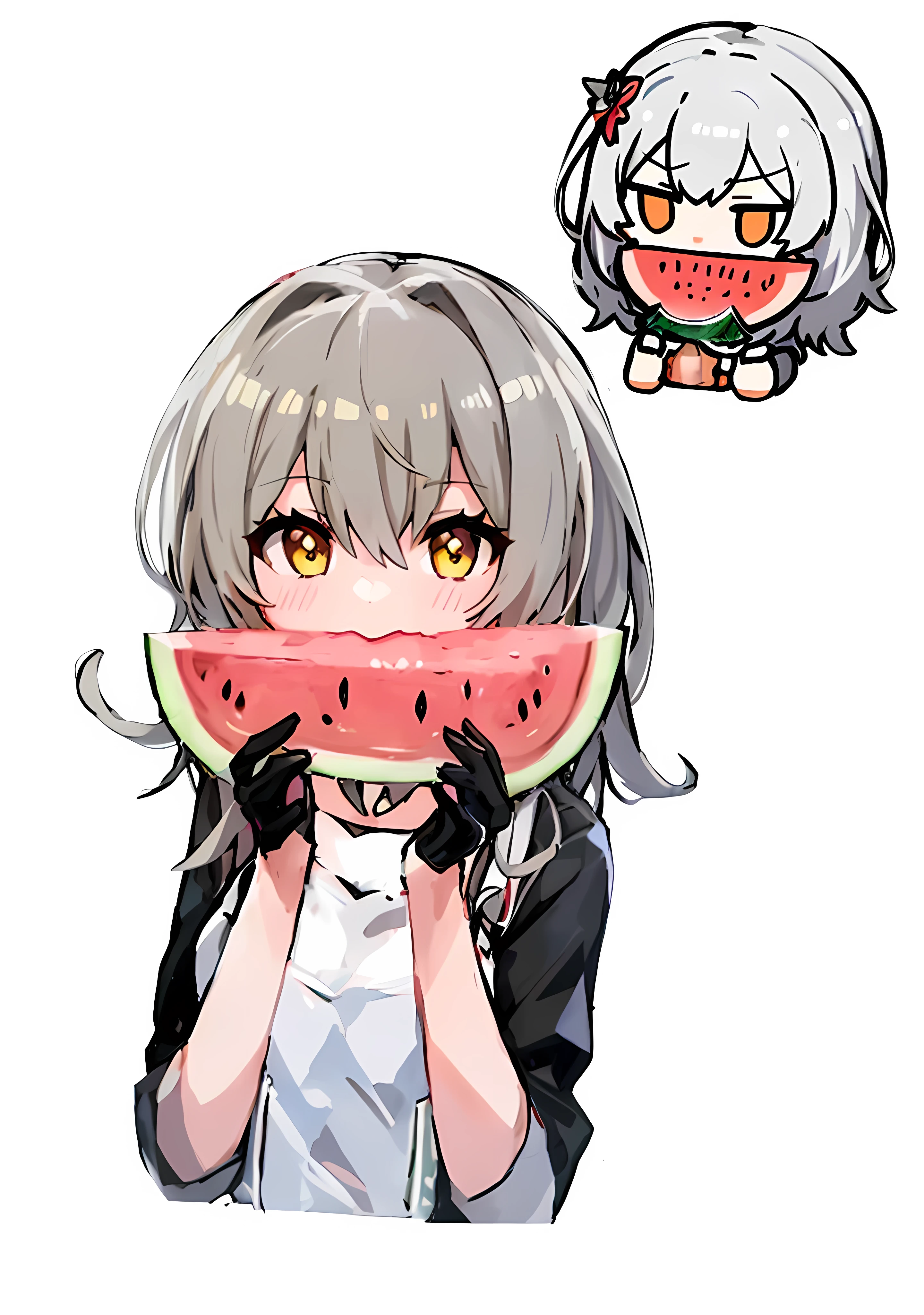 anime girl with a slice of watermelon in her hands, material is!!! watermelon!!!, anime moe artstyle, wataru kajika, kantai collection style, wearing a melon, nyaruko-san, gapmoe yandere, watermeloncore, from girls frontline, waifu, vector shaded anime, various pose, girls frontline style, official art