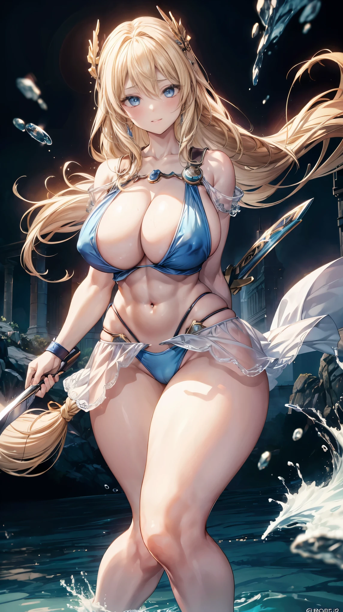 sensual, long blonde hair, thick thighs, 8K, 4K, highest quality, High resolution:1.2), cute anime face, noise reduction, shining blue eyes, gentle smile, Gentle eyes、toned abdominal muscles, muscular arms, muscular legs, young face, anime eyes, (((big breasts、Breasts that are about to burst)))、(((Fighting figure)))、sophitia、sword、shield、((whole body))