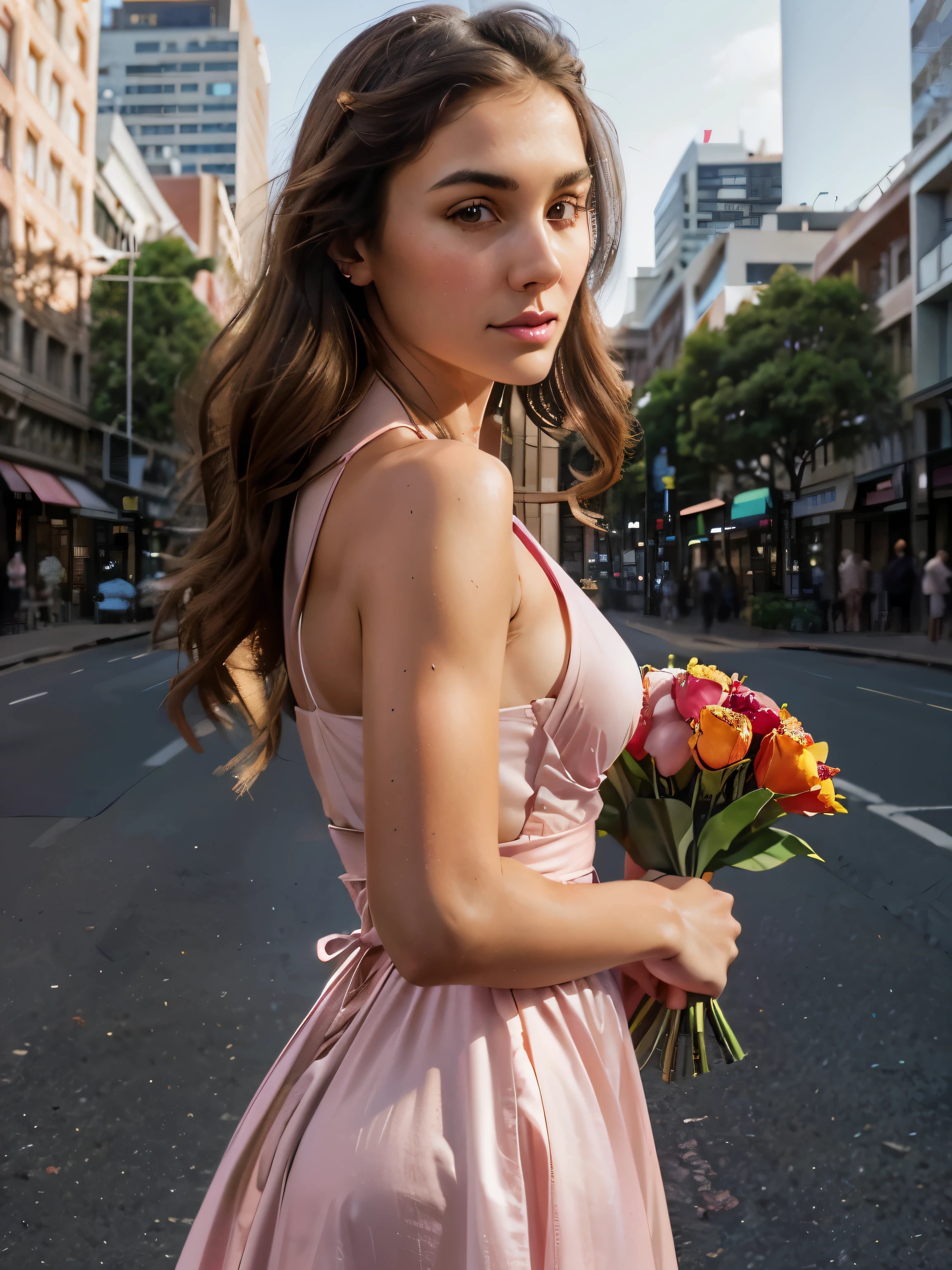 Hyper realistic photograph of a beautiful brunette woman with long face and prominent chin, prominent jawline. Broad frame. Wearing a conservative pink halter dress. She is holding a bouquet of pink roses and orange tulips. Background is the melbourne CBD. Golden hour. Raw photo. Shot on Sony Alpha A7 III camera. Natural look. Blended. Realistic