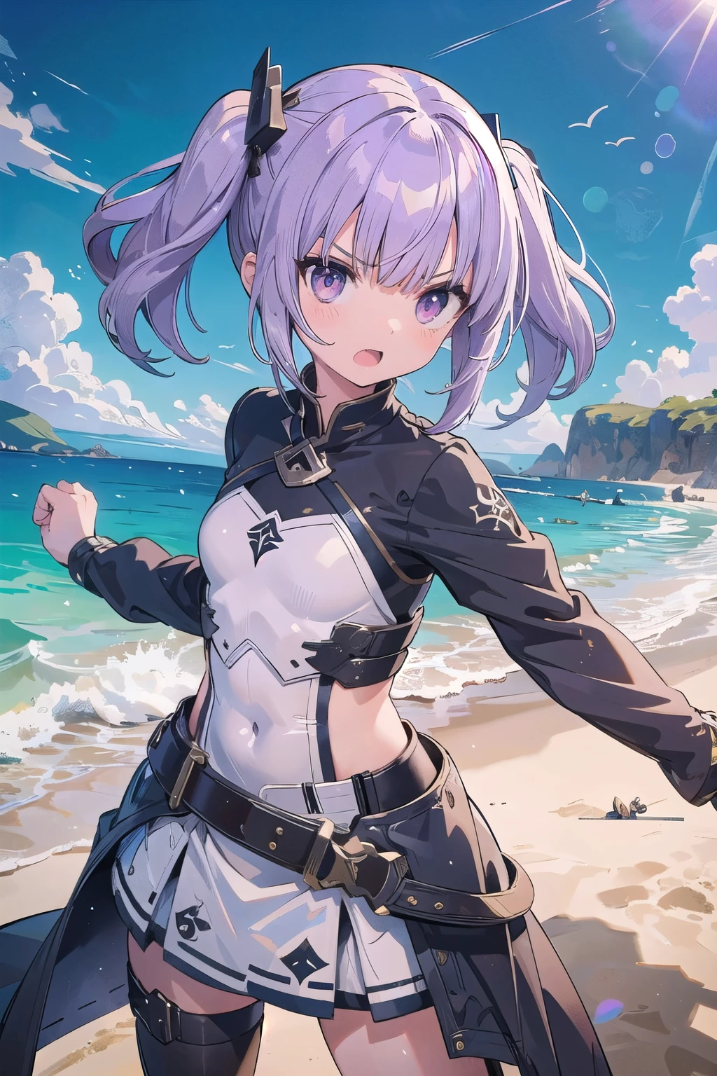 masterpiece, sandy beach, Middle Ages No, sunlight, 1 girl, gray eyes, purple hair, angry, blunt bangs, twintails, short hair, battle dress Warrior, longsword, angry, ((front)), Upper body,open mouth, dynamic pose