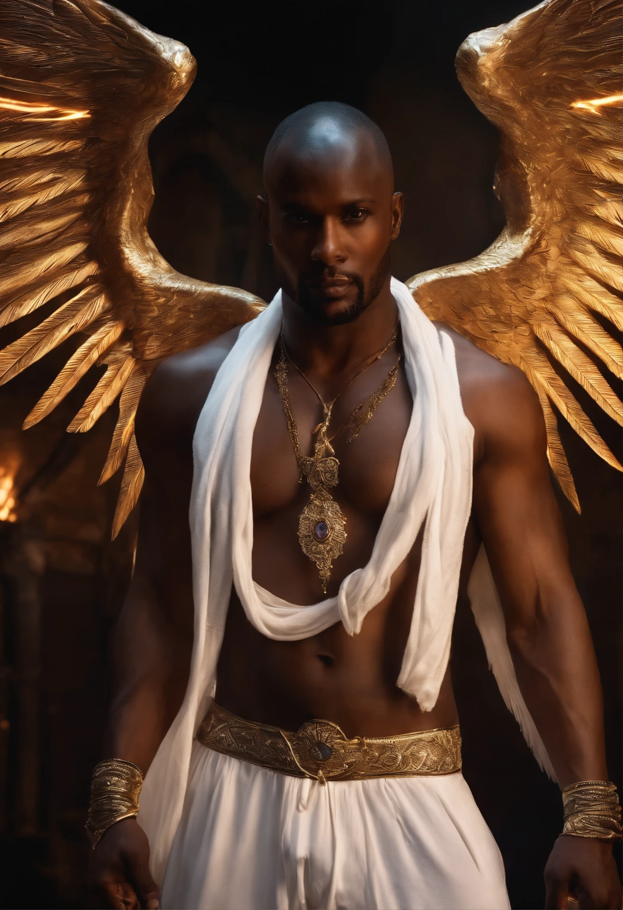 Cosmic Fallen Angel portrait, glowing light eyes, African, powerful, man, eerie, Creepy, nightmarish, Very bright colors, Light particles, with light glowing, Mshiff, cinematic art, wide screen, realistic, war, black skin, white bikini, white underwear , 2 white wings, sexy bikini, wear white bikini big crotch