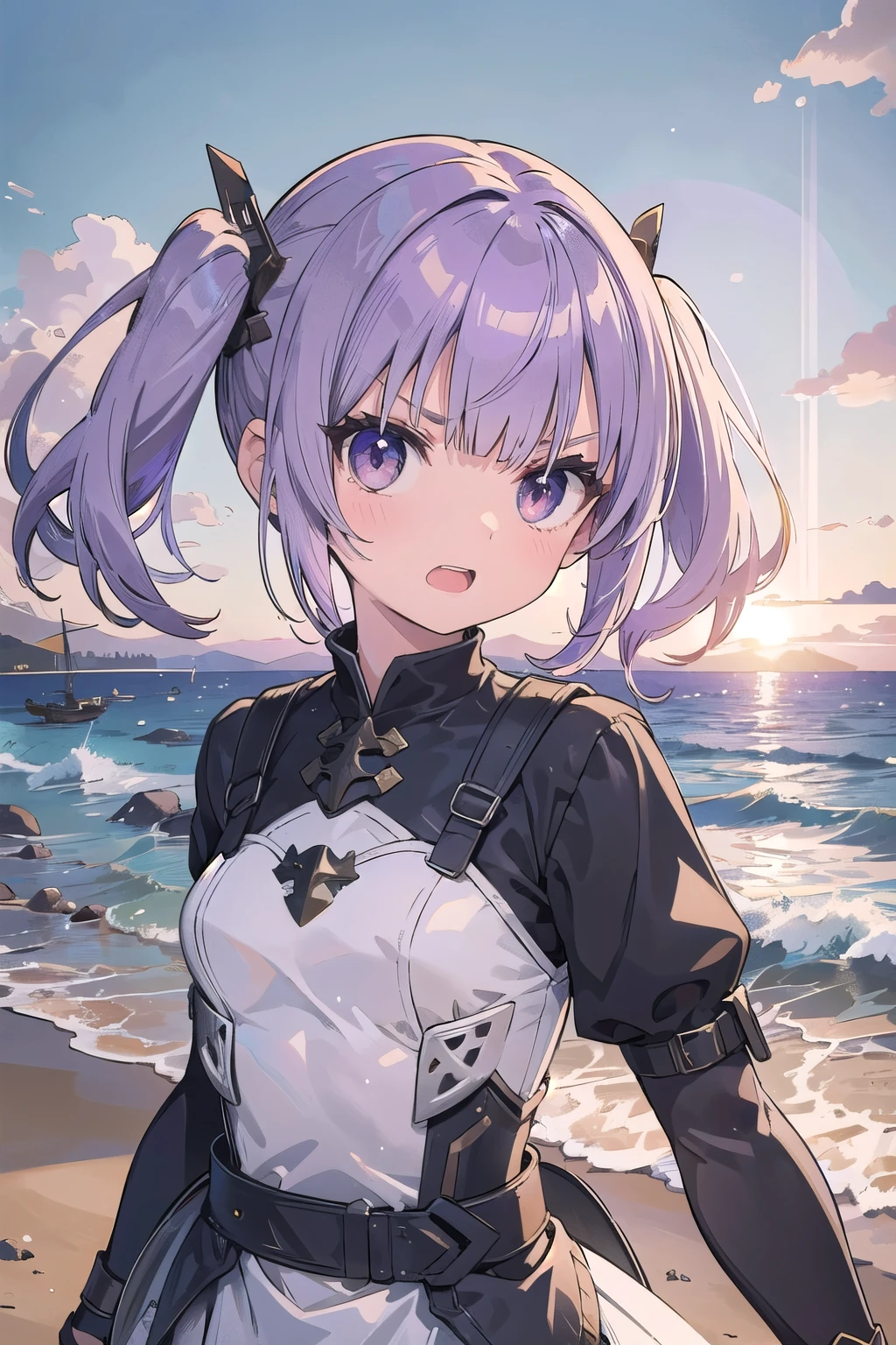 masterpiece, sandy beach, middle ages, sunlight, 1 girl, gray eyes, purple hair, angry, blunt bangs, twintails, short hair, battle dress Warrior, longsword, angry, ((front)), Upper body,open mouth, dynamic pose