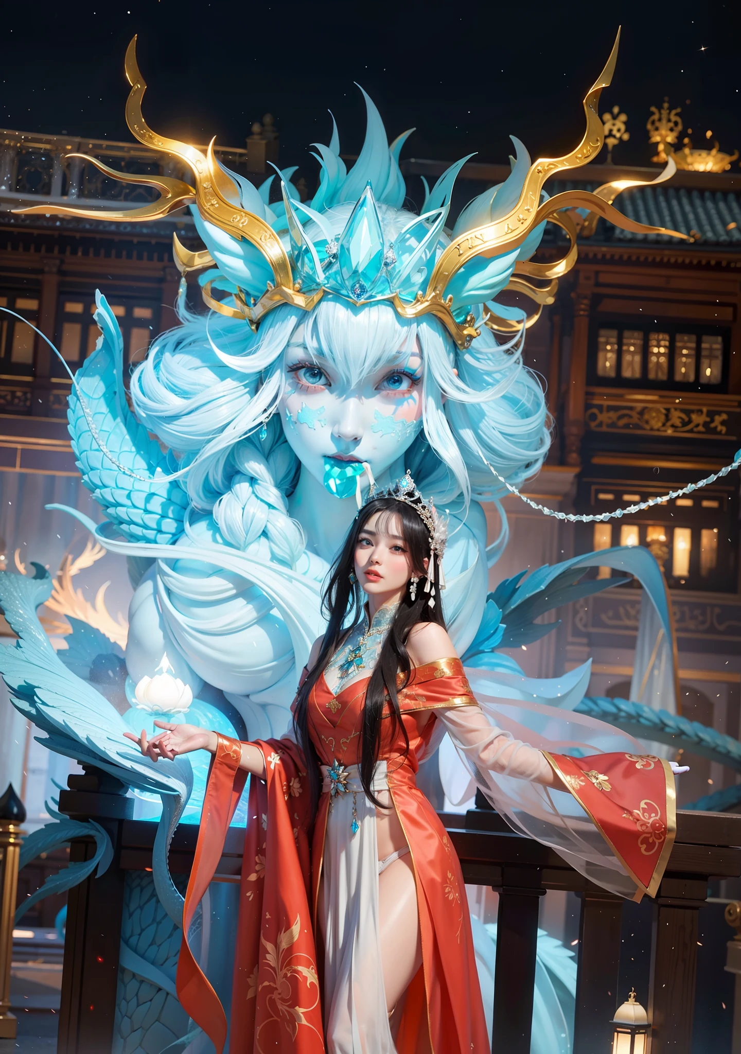 Royal sister，Delicate Frost Queen，put the crown on your head，mature body，tall figure，number，Leg length，4K，HD，Translucent lace，白皙plump figure，pretty face，Little cherry mouth，beautiful and delicious（3D royal sister），plump figure，gloss gel coat，gorgeously dressed queen，Gem Diamond Crown，glowing dragon