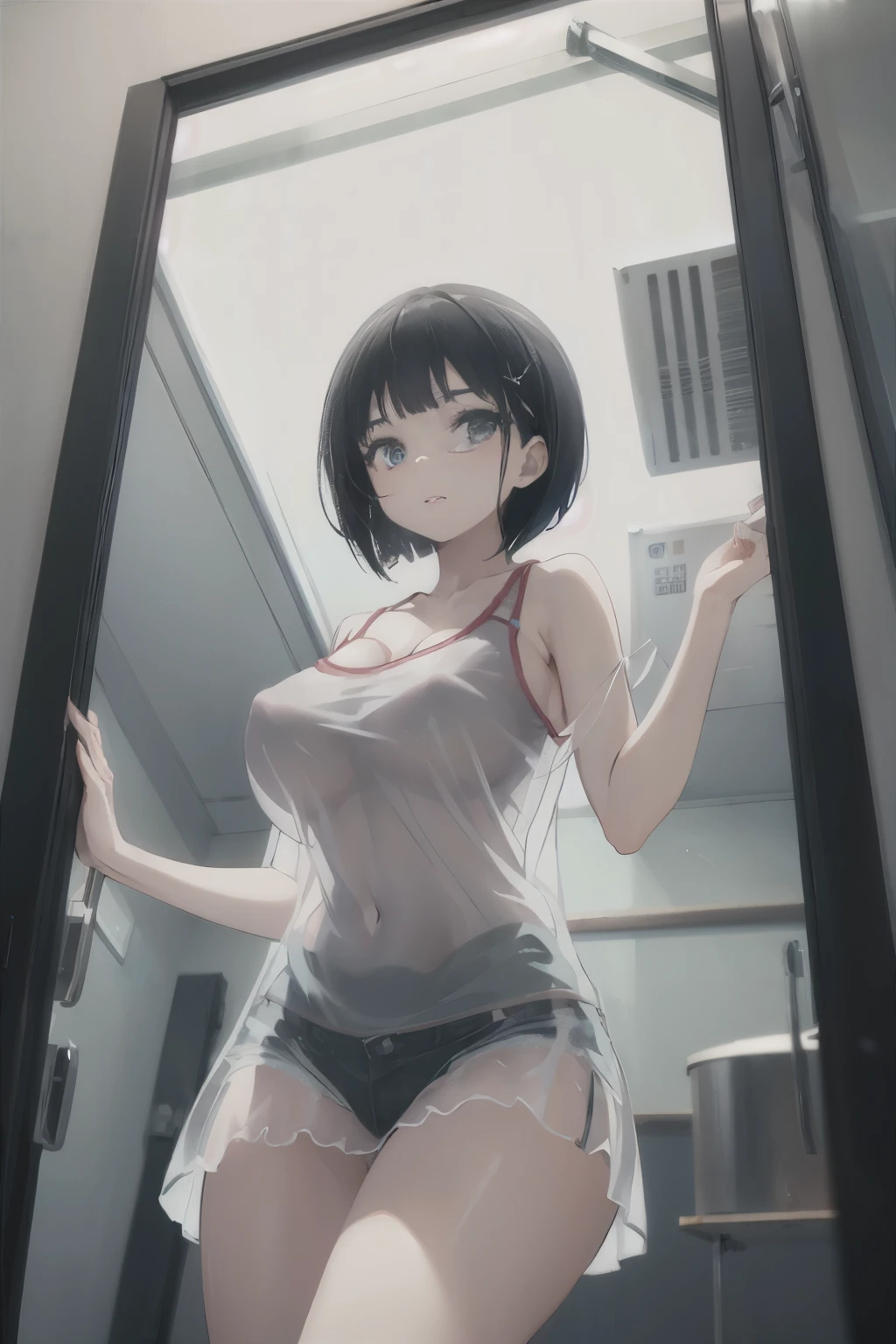 Optimal，masterpiece，High resolution，highest quality，hyper hd，Super detailed，award-winning，16k，alone，(cowboy shot)、cute face，，black hair、bob cut、 hair line，（（scarlet eyes）），long eyelashes，drooping corners of the eyes，Are standing、open your legs、thin legs、white skin，((shoot from below)), ((See-through camisole:1.5)), ((transparent nipples))、rocket  , ((big breasts:1.5)),