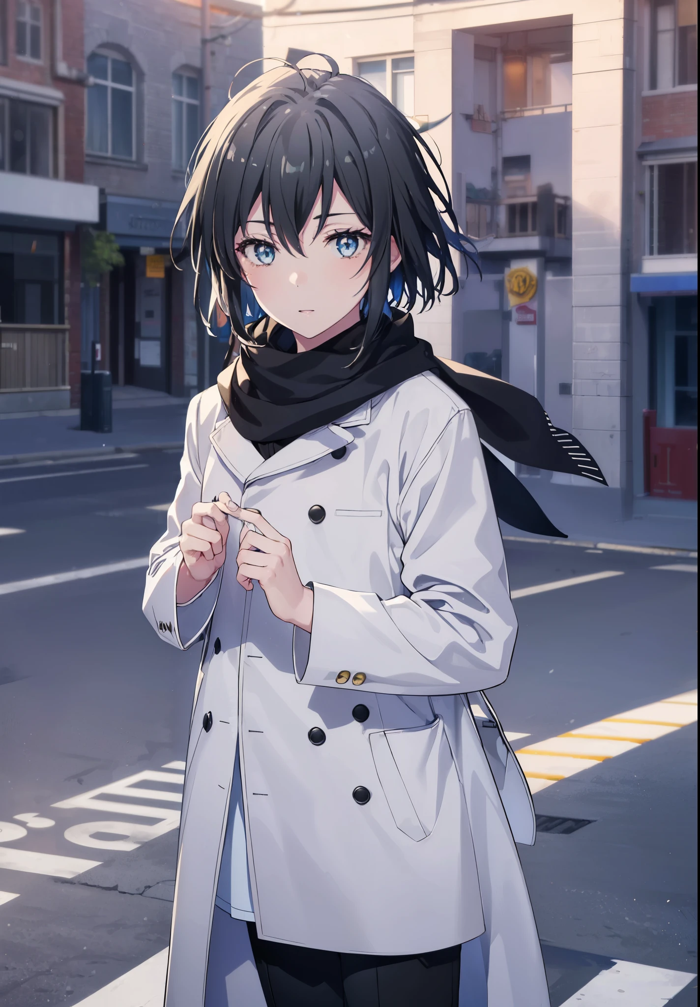 Yukiyuki Yukinoshita, Yukinoshita Yukino, black hair, blue eyes, short hair, Ahoge,smile,white long coat,black sweater,Scarf,skinny pants,stiletto heels,daytime,winter,
break outdoors, In town,building street,
break looking at viewer, whole body,(cowboy shot:1.5),
break (masterpiece:1.2), highest quality, High resolution, unity 8k wallpaper, (figure:0.8), (beautiful and fine eyes:1.6), highly detailed face, perfect lighting, Very detailed CG, (perfect hands, perfect anatomy),