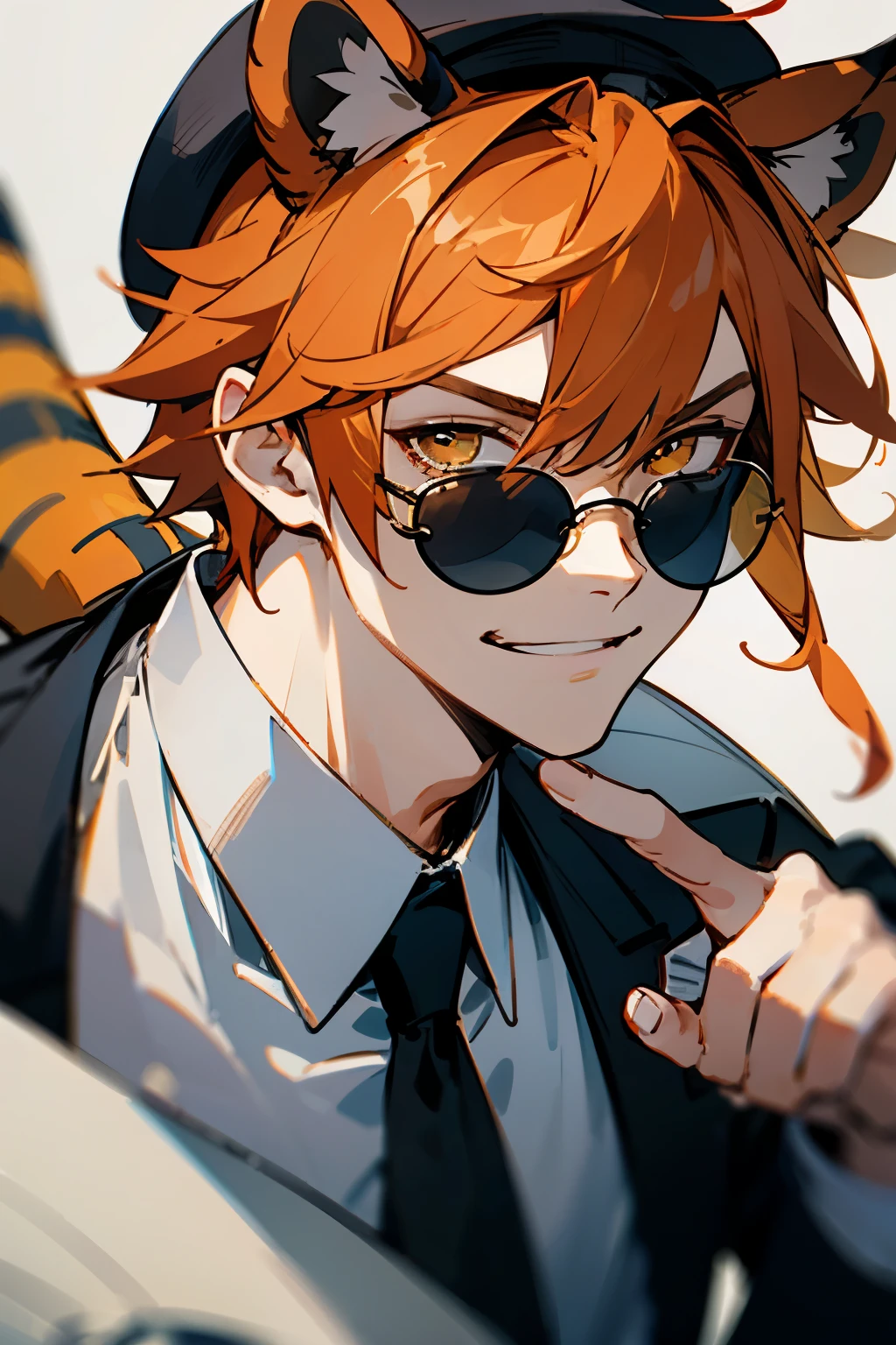 male,good physique,black and orange hair color,tiger ears and tail,suit,Folded hat,sunglasses,A dangerous smile,1 person,face close up,cool