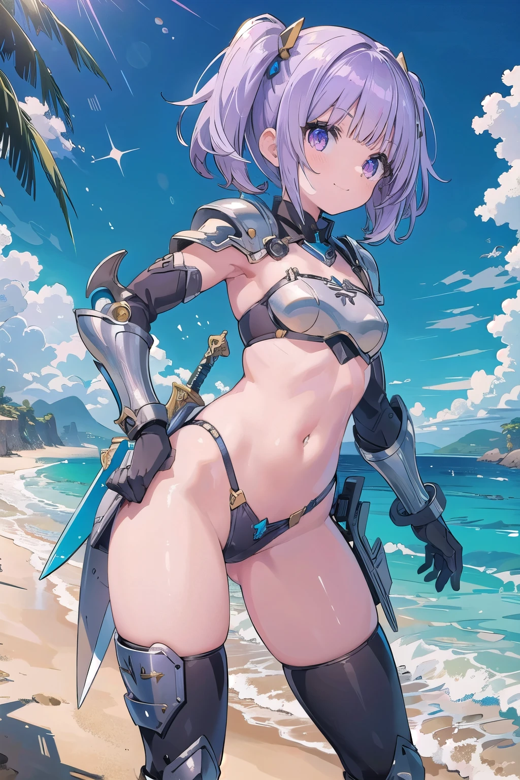 masterpiece, sandy beach, middle ages, sunlight, 1 girl, gray eyes, purple hair, smile＋happy, twintails, short hair,　bikini armor knight, longsword, cute eyes, small breasts,　blunt bangs, dynamic pose