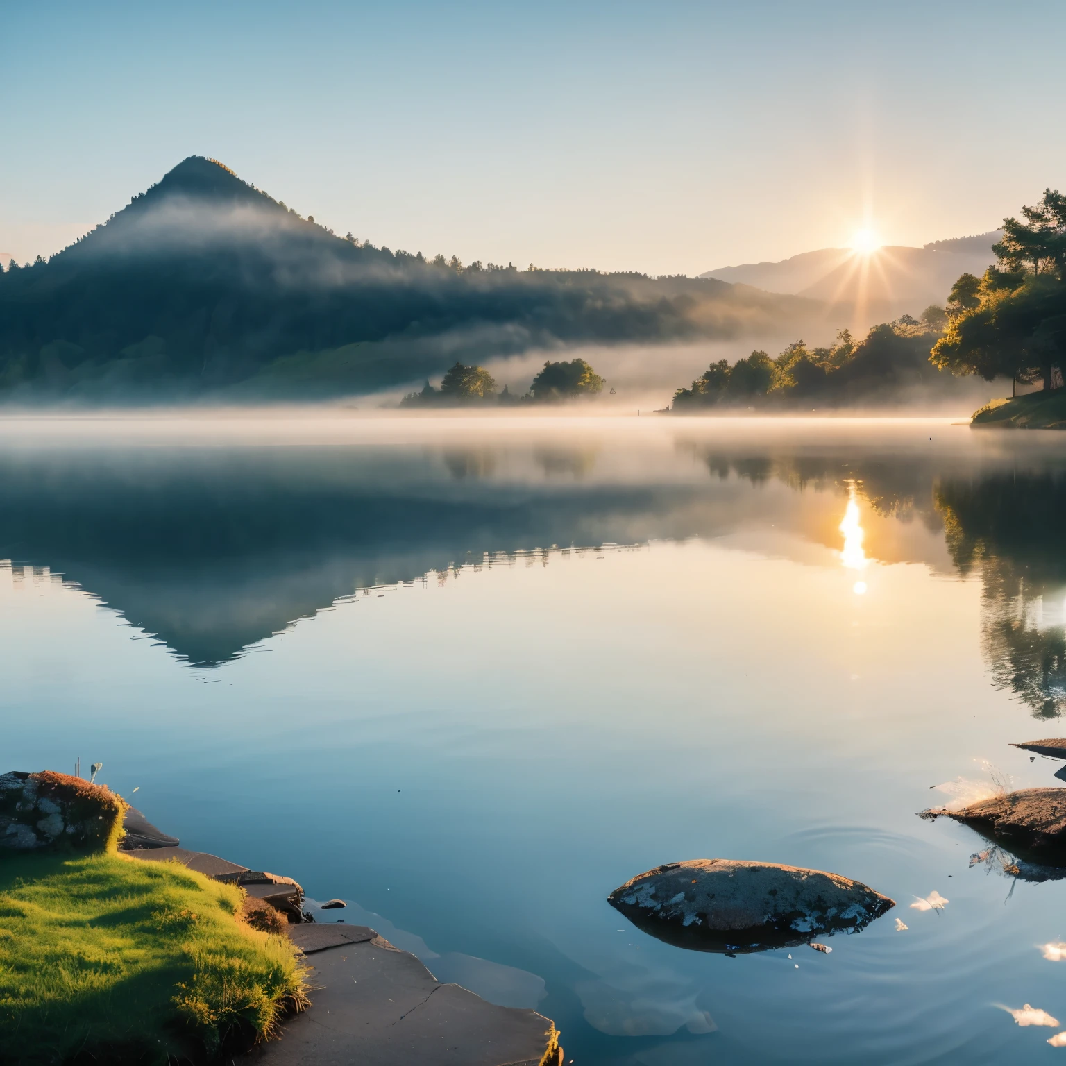 Misty lakeside scenery、The water surface reflects the morning sun