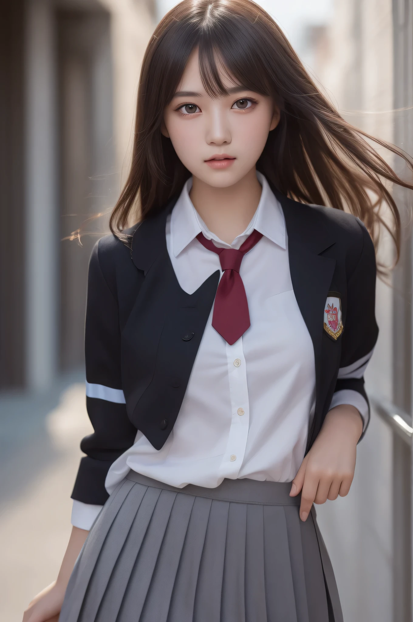 1 girl, (highest quality:1.4), (super detailed), (Highly detailed beautiful face), wonderful face and eyes, black eye, black hair, (school uniform, pleated skirt:1.3), Highly detailed CG integrated 8k wallpaper, High resolution raw color photos, professional photos, dynamic lighting, Depth of bounds written