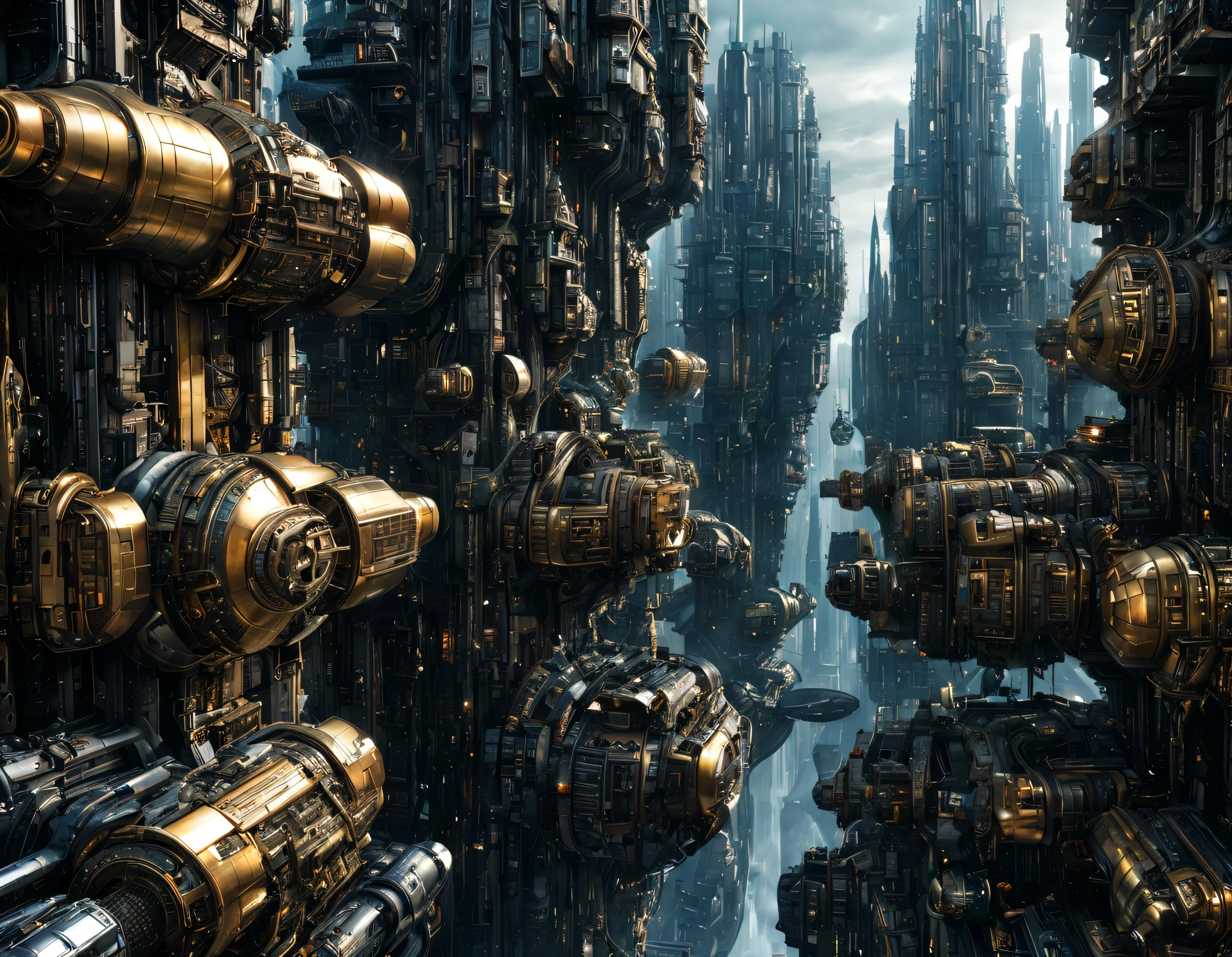 megacity, megalopolis of an imaginary world of science fiction and maximum fantasy, con inmensos edificios ovalados y dodecaedricos agrupados de metal y cristal donde predomina el oro. imagen bien definida 8k, (intrincados detalles de la maquina), con muchos edificios juntos.(obra maestra de superior calidad).(imagen fotorrealista), nitidez absoluta hasta el fondo.