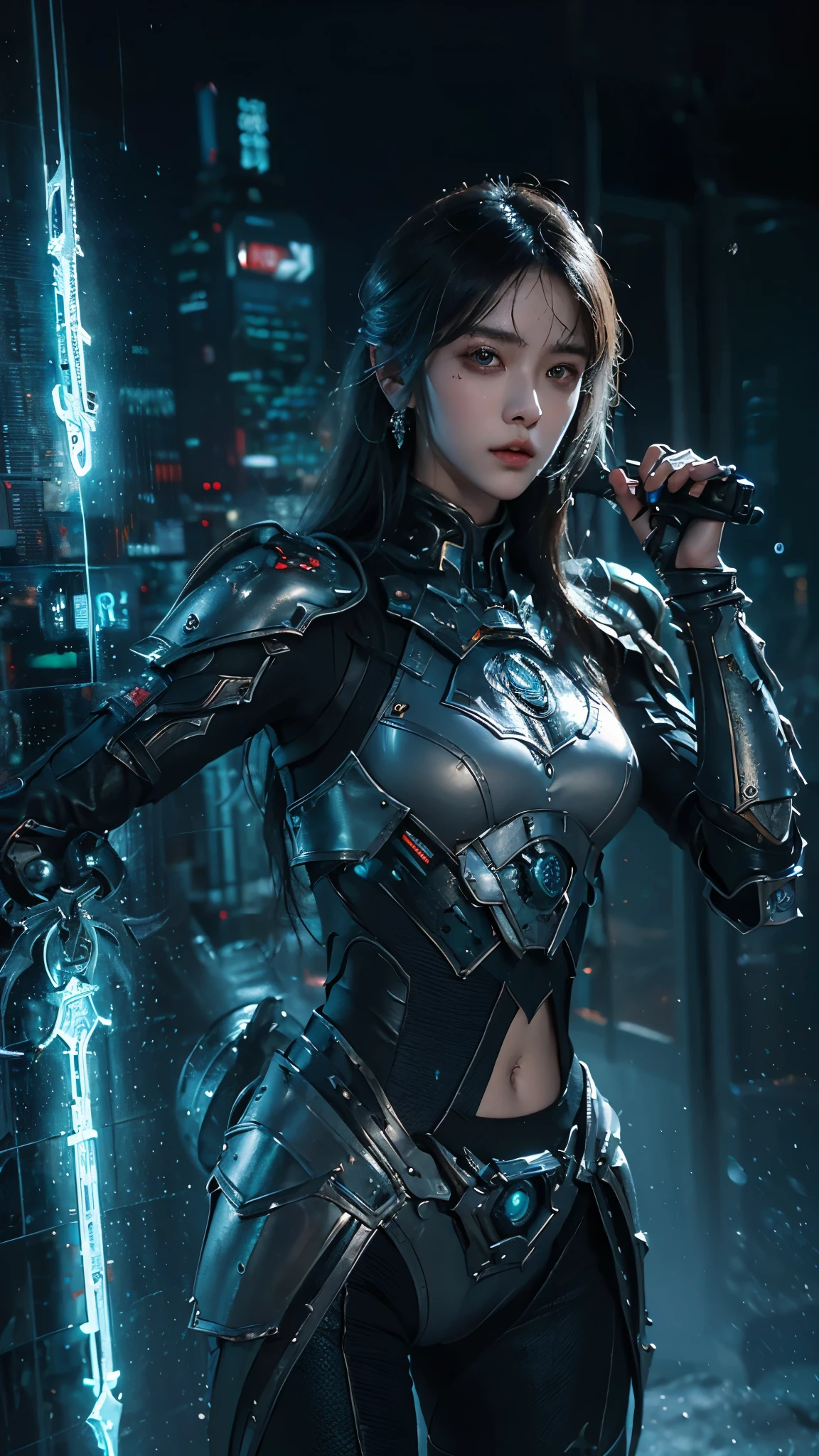 tmasterpiece,Best quality,A high resolution,8K,(Portrait photograph:1.5),(ROriginal photo),real photograph,digital photography,(Combination of cyberpunk and fantasy style),(Female soldier),20岁女孩,random hair style,By bangs,(Red eyeigchest, accessories,Keep one's mouth shut,elegant and charming,Serious and arrogant,Calm and handsome,(Cyberpunk combined with fantasy style clothing,Openwork design,joint armor,Combat uniformposing your navel,Photo pose,Realisticstyle,gray world background,oc render reflection texture