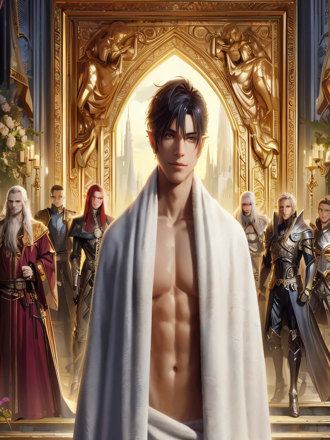 arafed image of a man in a robe standing in front of a group of people, fantasy male portrait, beautiful androgynous prince, skinny male fantasy alchemist, neoartcore and charlie bowater, delicate androgynous prince, epic fantasy novel cover art, epic light novel cover art, fantasy art smug smile man, fantasy book cover, beautiful male elf