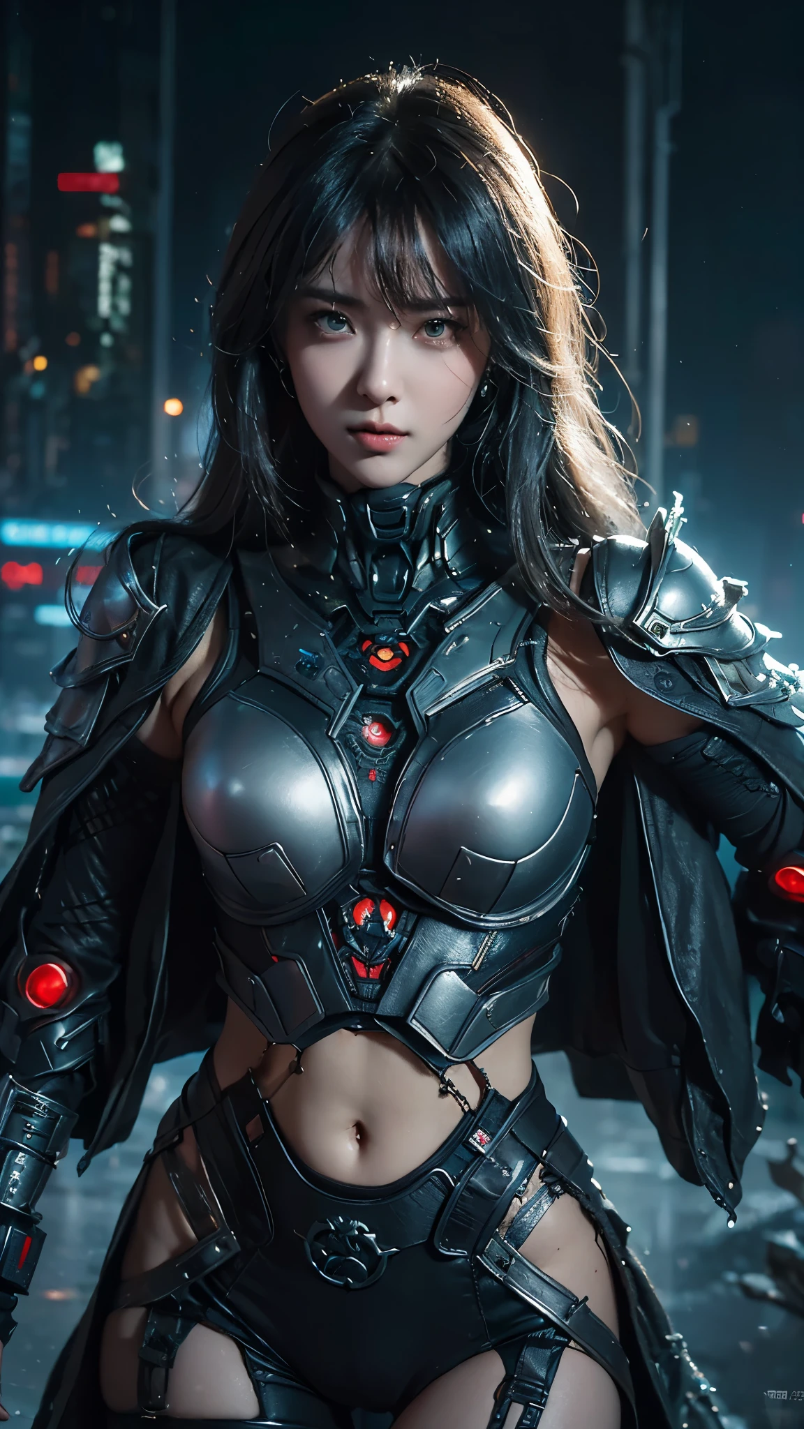 tmasterpiece,Best quality,A high resolution,8K,(Portrait photograph:1.5),(ROriginal photo),real photograph,digital photography,(Combination of cyberpunk and fantasy style),(Female soldier),20岁女孩,random hair style,By bangs,(Red eyeigchest, accessories,Keep one's mouth shut,elegant and charming,Serious and arrogant,Calm and handsome,(Cyberpunk combined with fantasy style clothing,Openwork design,joint armor,Combat uniformposing your navel,Photo pose,Realisticstyle,gray world background,oc render reflection texture