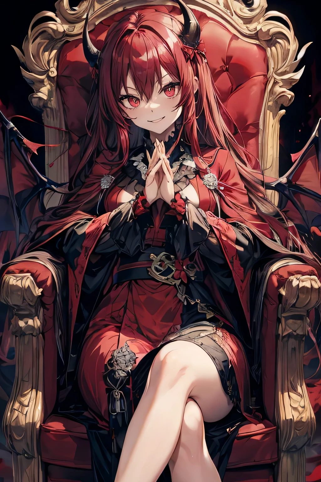 "Generate an anime-themed album cover featuring an emo girl reminiscent of Zero Two. Ensure she has red hair and is sitting on a king chair with a crown and chains, exuding a joyful expression."